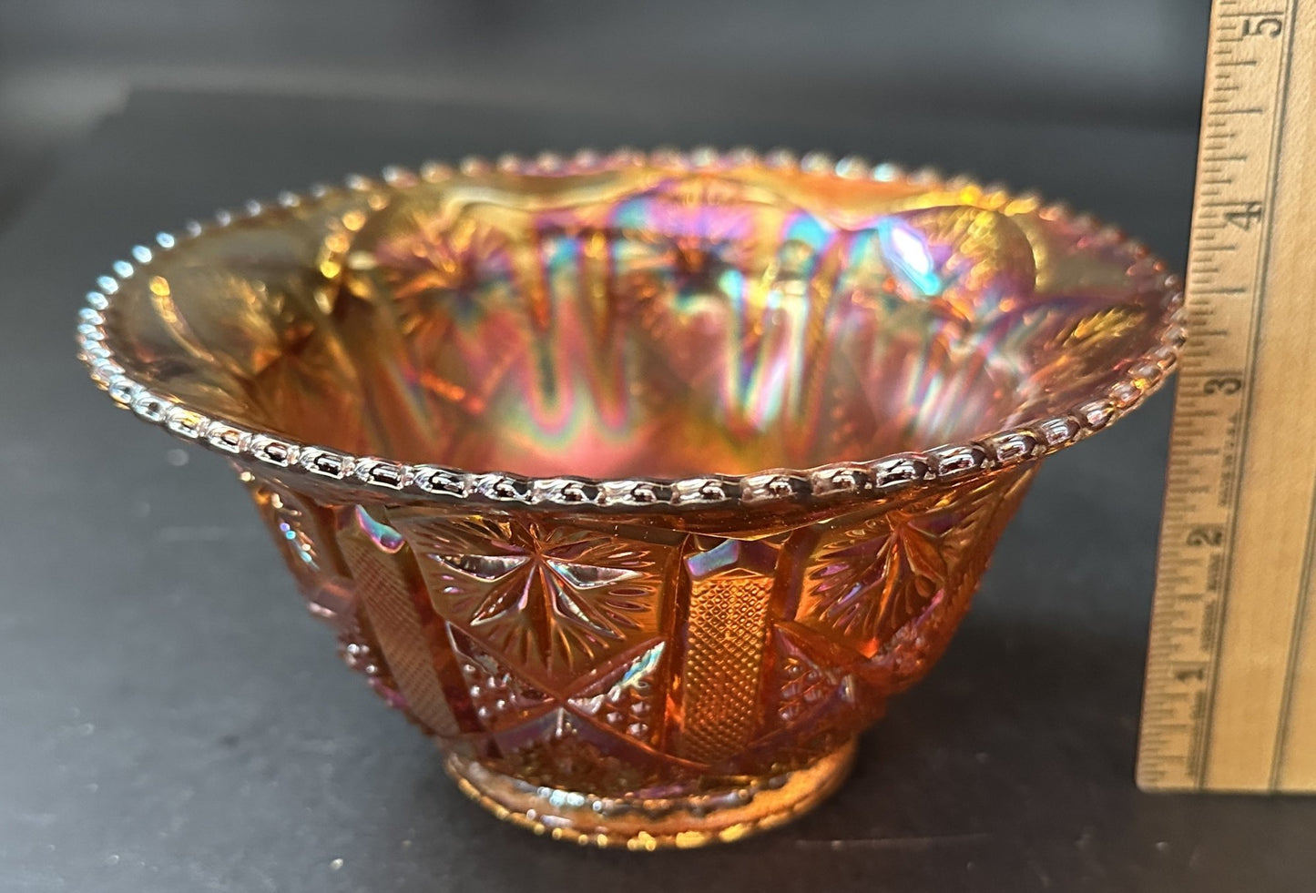 260107-8 Orange Star & Fire Imperial Carnival Glass Bowl