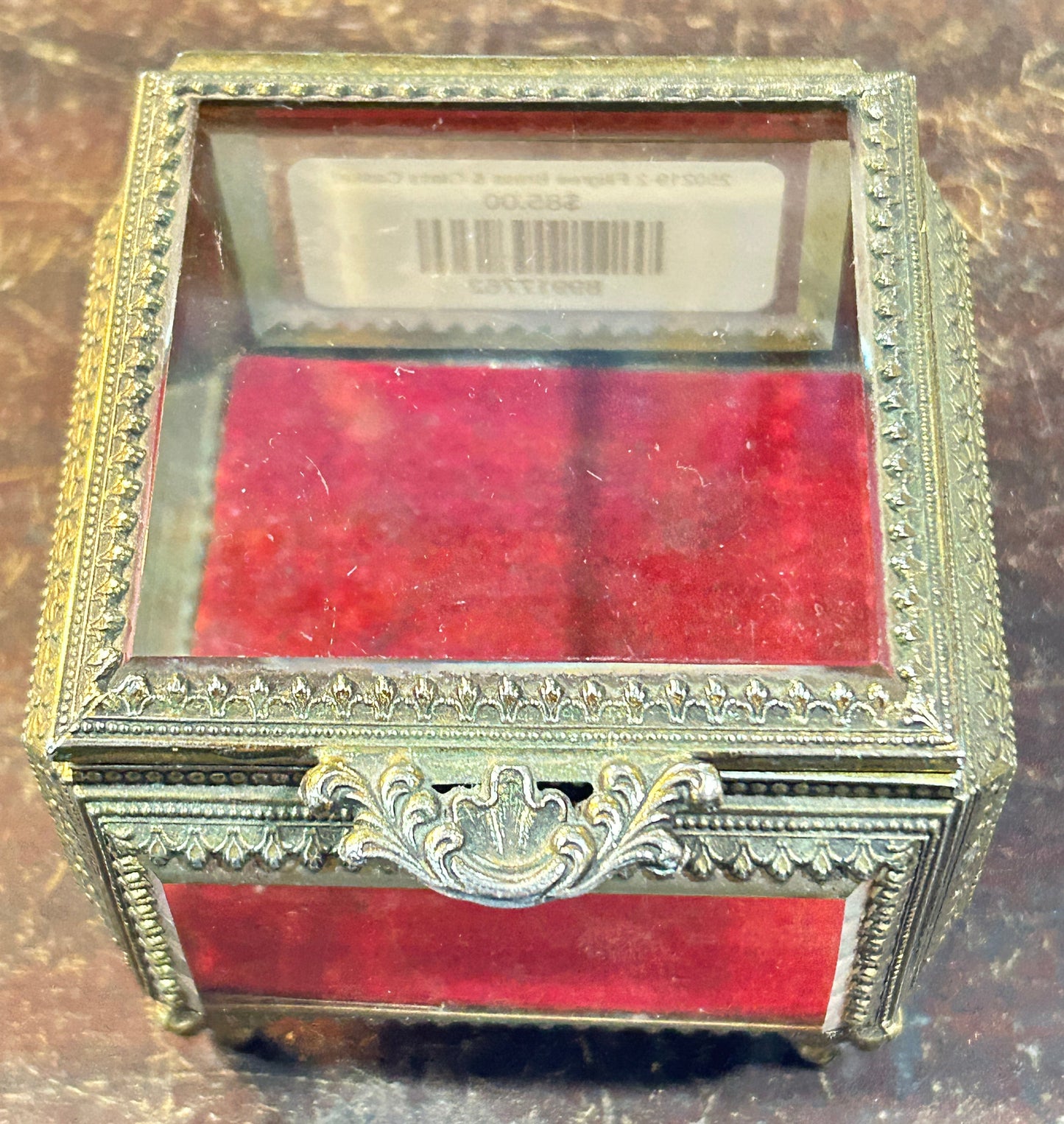 250219-2 Filigree French Brass & Beveled Glass Footed Jewelry Casket