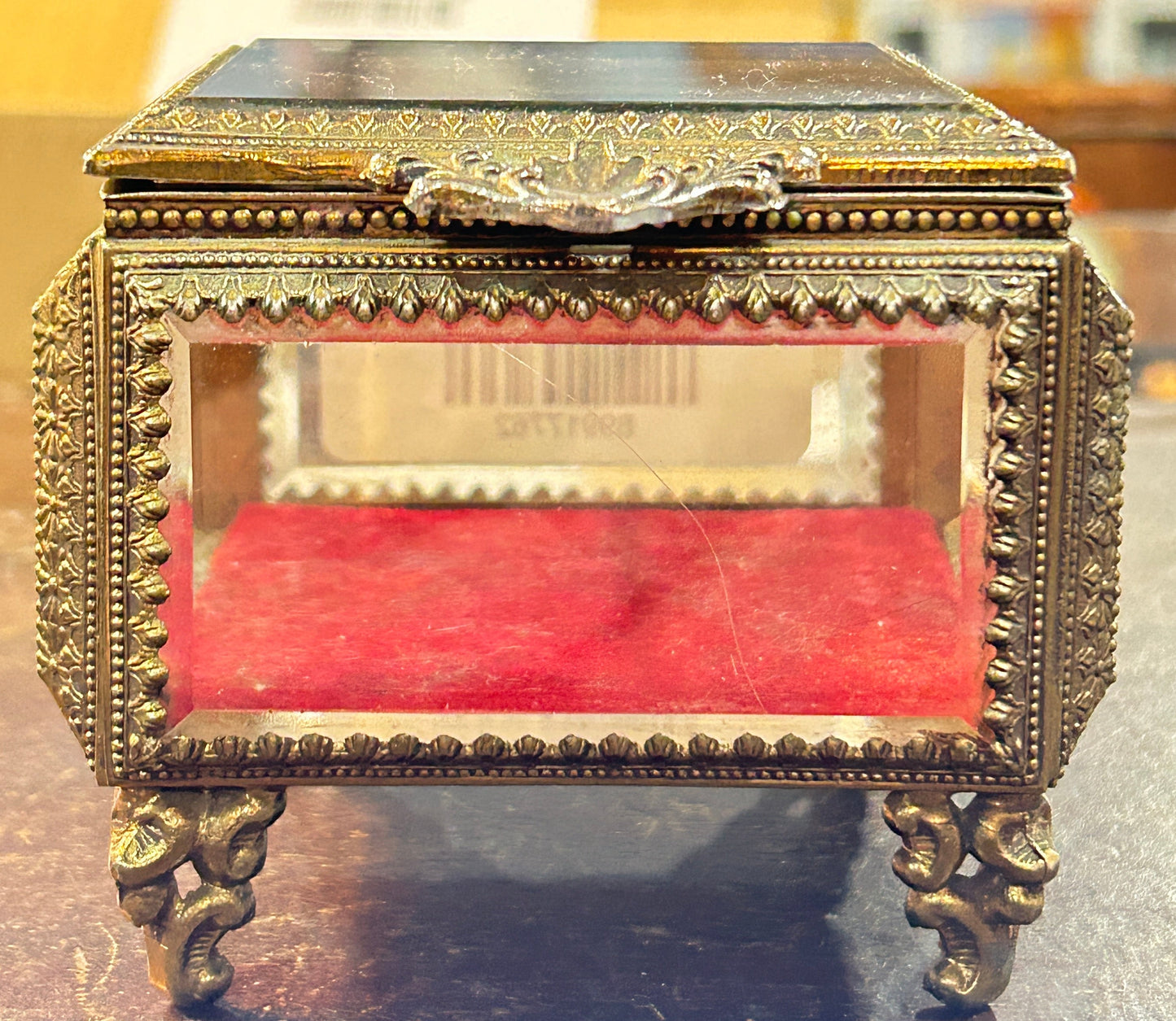 250219-2 Filigree French Brass & Beveled Glass Footed Jewelry Casket