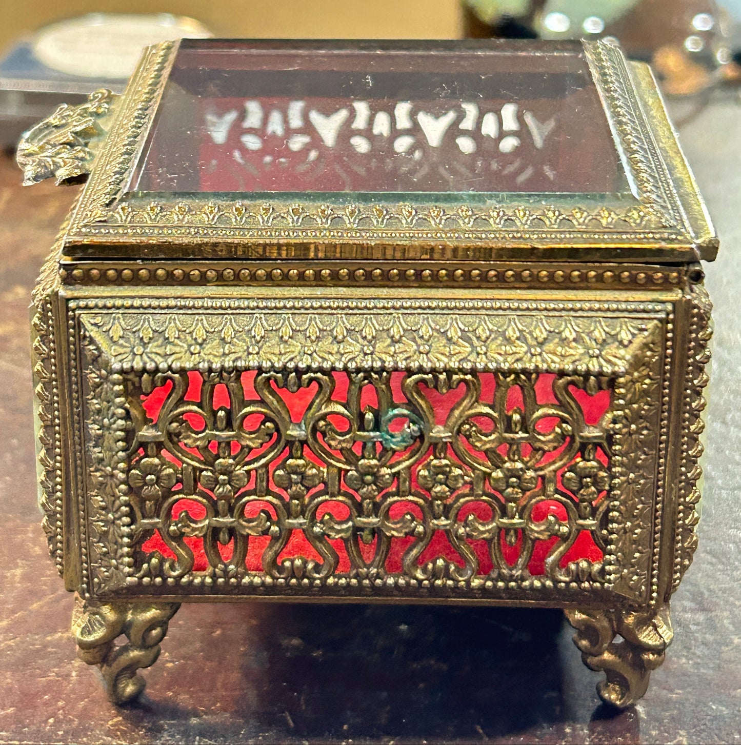 250219-2 Filigree French Brass & Beveled Glass Footed Jewelry Casket