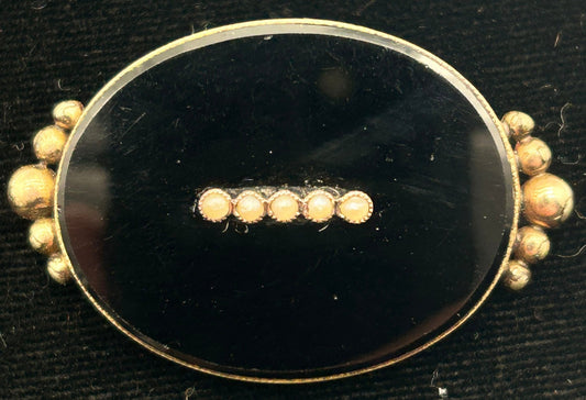 251009-12B Antique Victorian Oval Mourning Brooch With Seed Pearls
