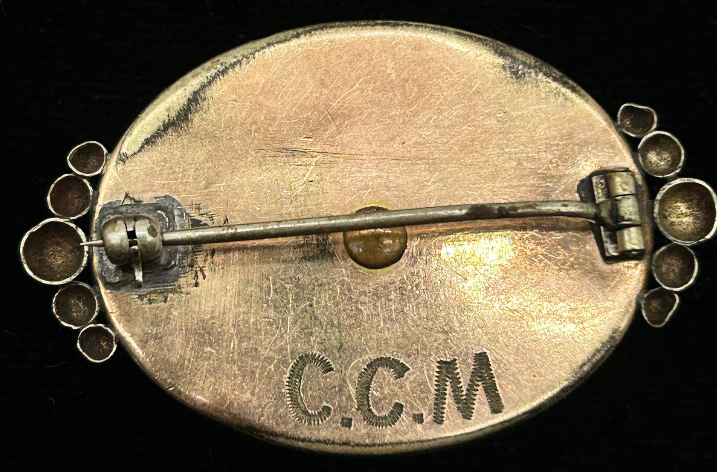 251009-12B Antique Victorian Oval Mourning Brooch With Seed Pearls