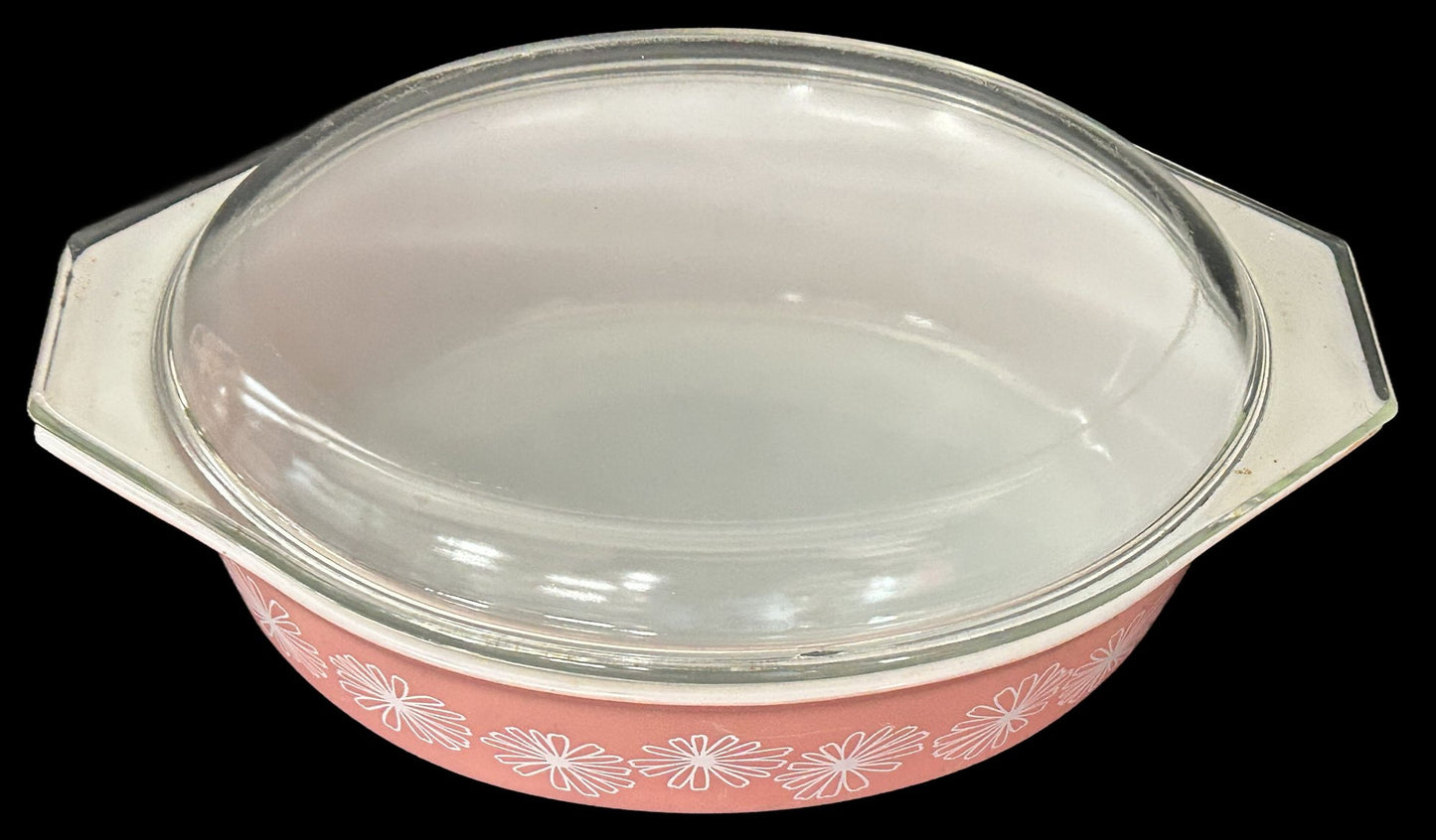250716-6 1956 Pyrex Pink Daisy Oval 2.5 Qt Covered Dish