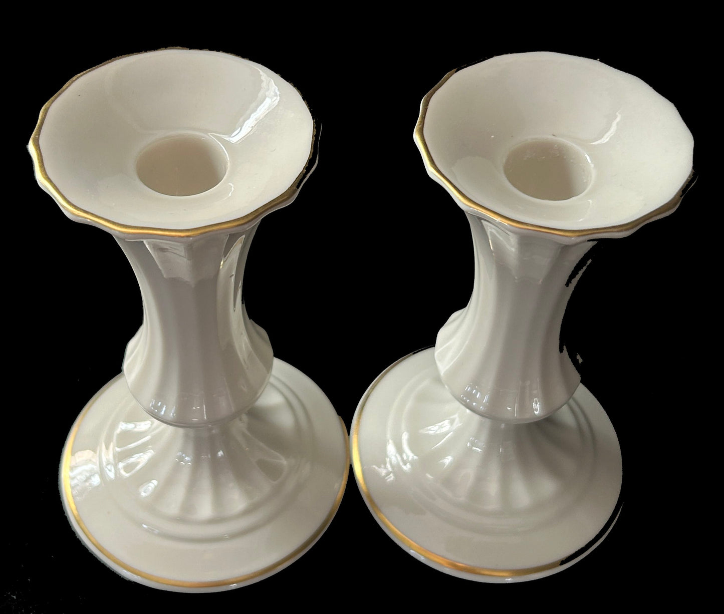 Pair Lenox Ivory Candlesticks With Gold Rims
