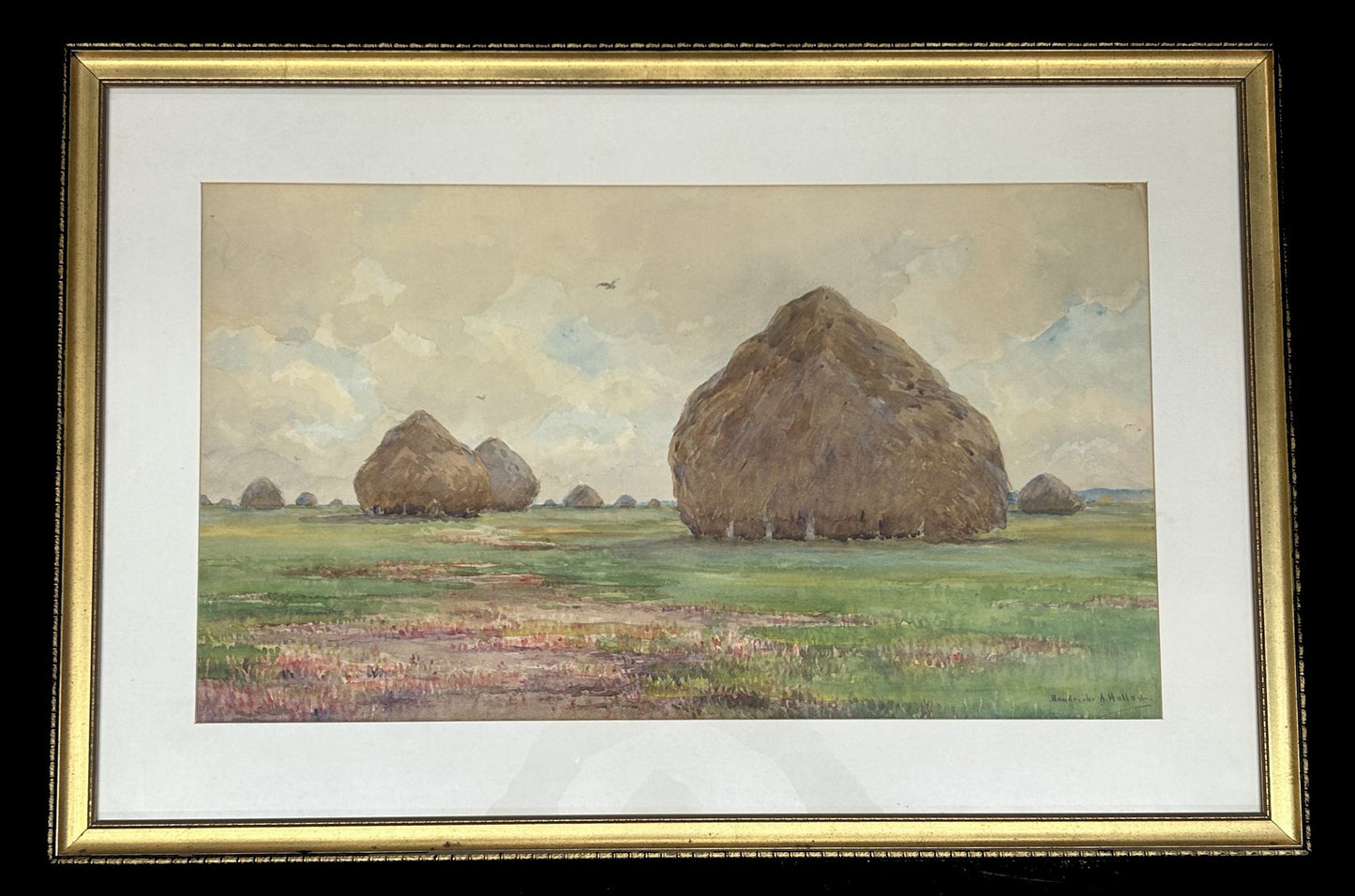 Antique Watercolor, Hay Stacks, Signed Hendricks A. Hallett