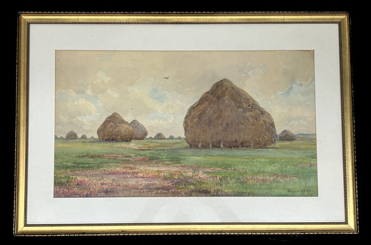 Antique Watercolor, Hay Stacks, Signed Hendricks A. Hallett