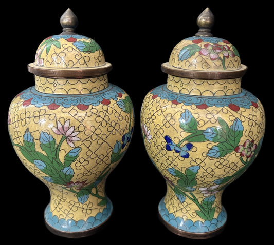 250716-22 Pair Yellow Cloisonne Ginger Jars