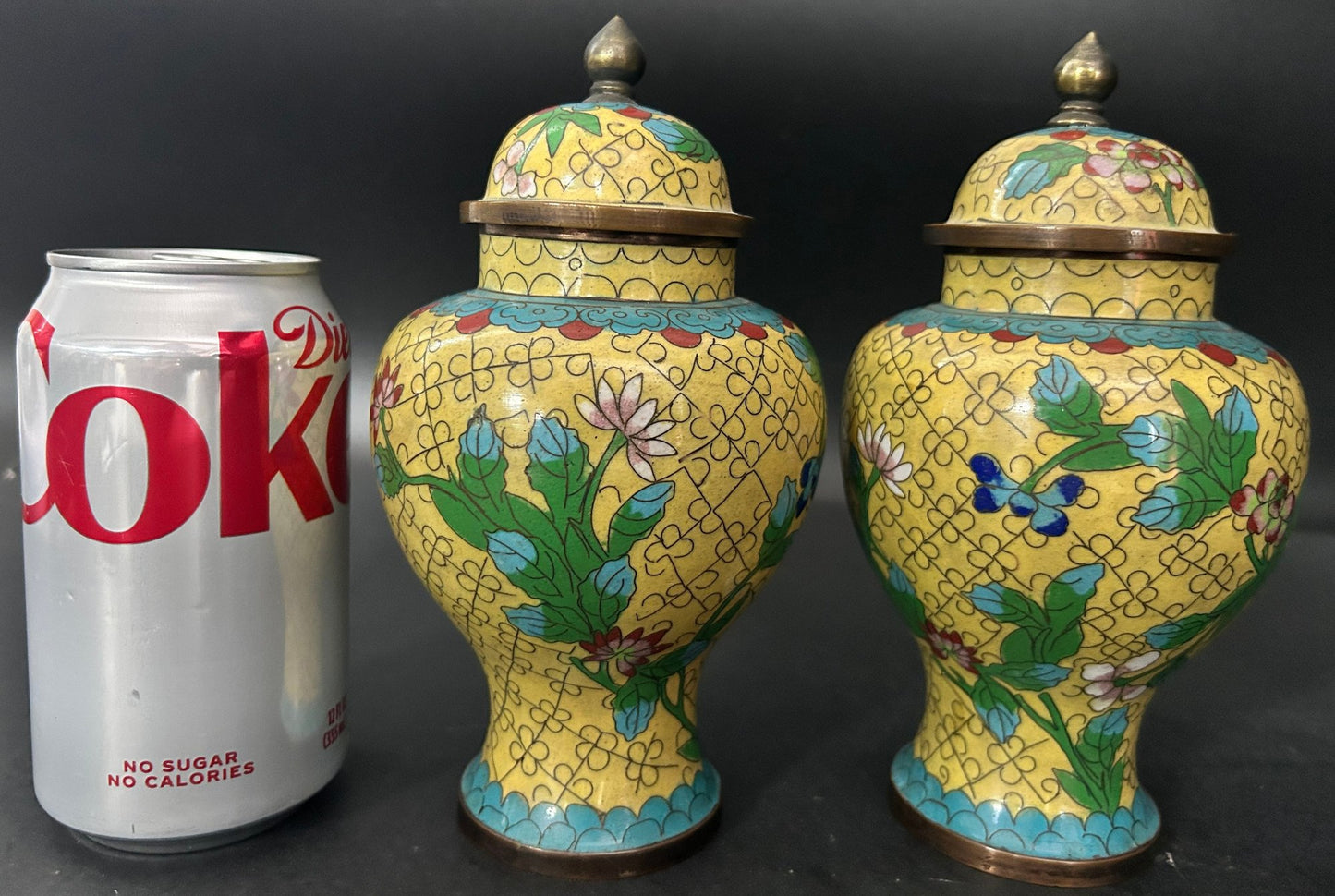 250716-22 Pair Yellow Cloisonne Ginger Jars