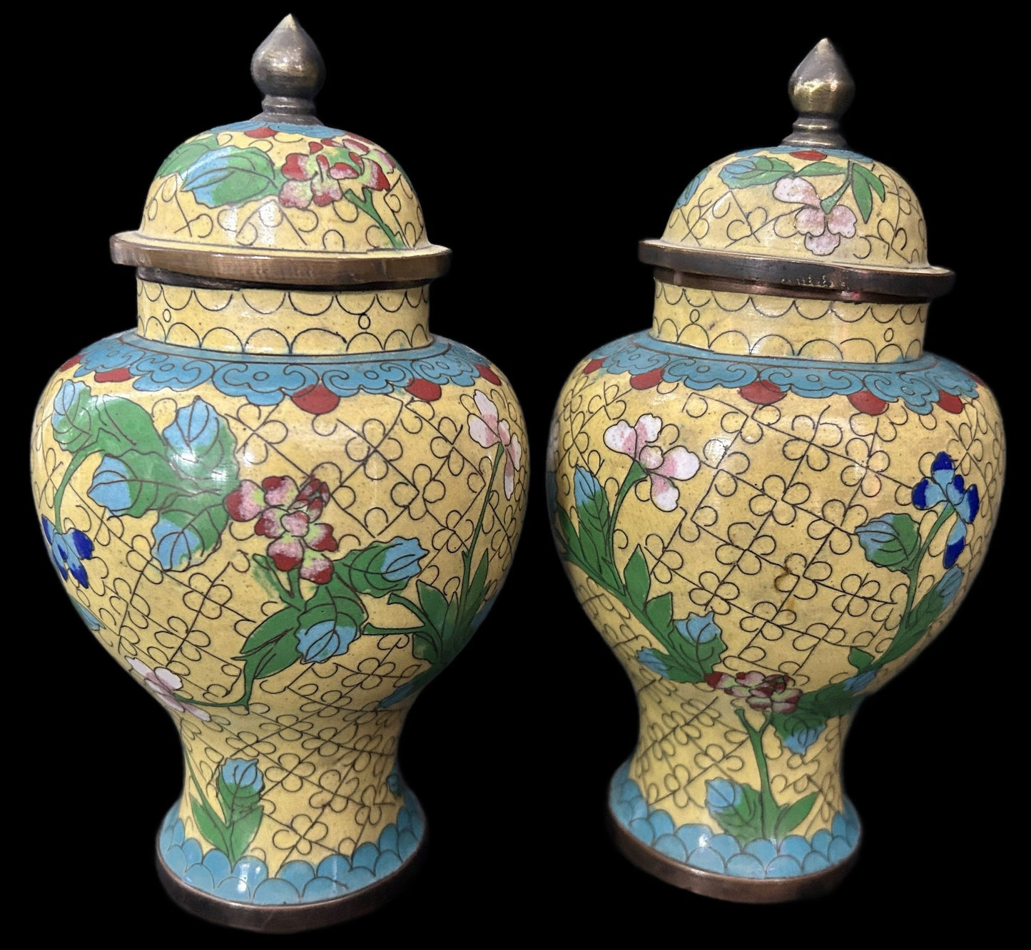 250716-22 Pair Yellow Cloisonne Ginger Jars