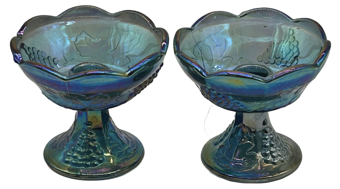 250716-10 Pair Blue Indiana Carnival Glass Candlestick Holders, 4.5" Diam. X 4"H
