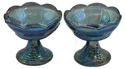 250716-10 Pair Blue Indiana Carnival Glass Candlestick Holders, 4.5" Diam. X 4"H