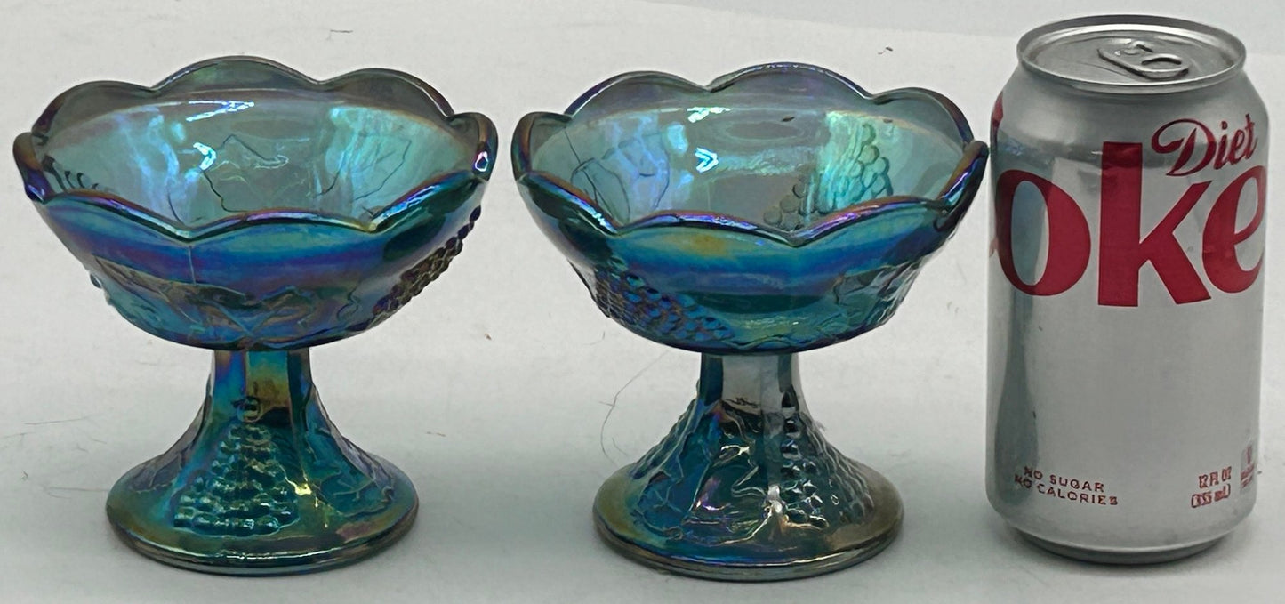 250716-10 Pair Blue Indiana Carnival Glass Candlestick Holders, 4.5" Diam. X 4"H