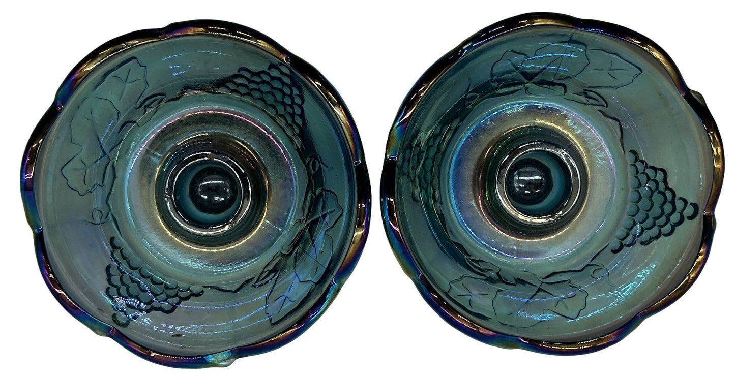 250716-10 Pair Blue Indiana Carnival Glass Candlestick Holders, 4.5" Diam. X 4"H