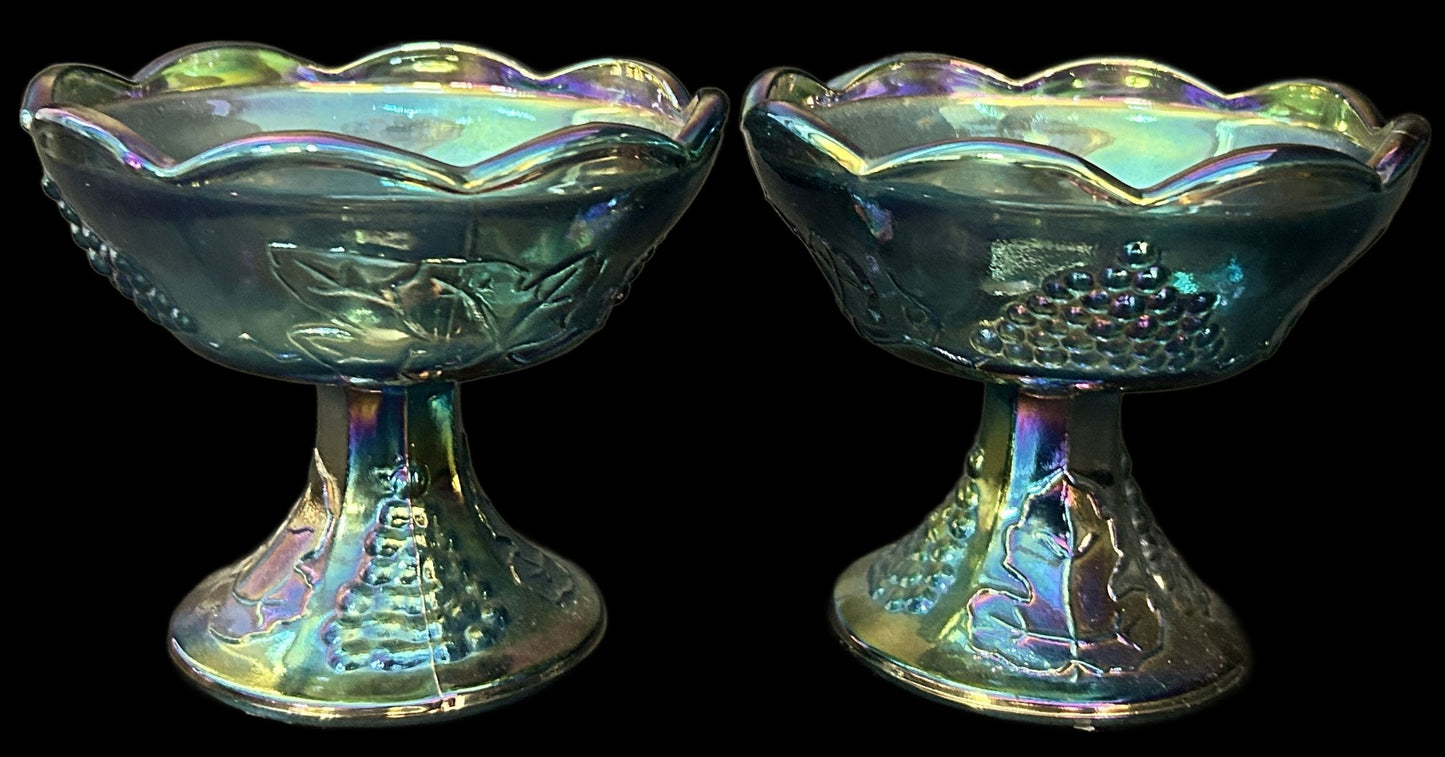 250716-10 Pair Blue Indiana Carnival Glass Candlestick Holders, 4.5" Diam. X 4"H