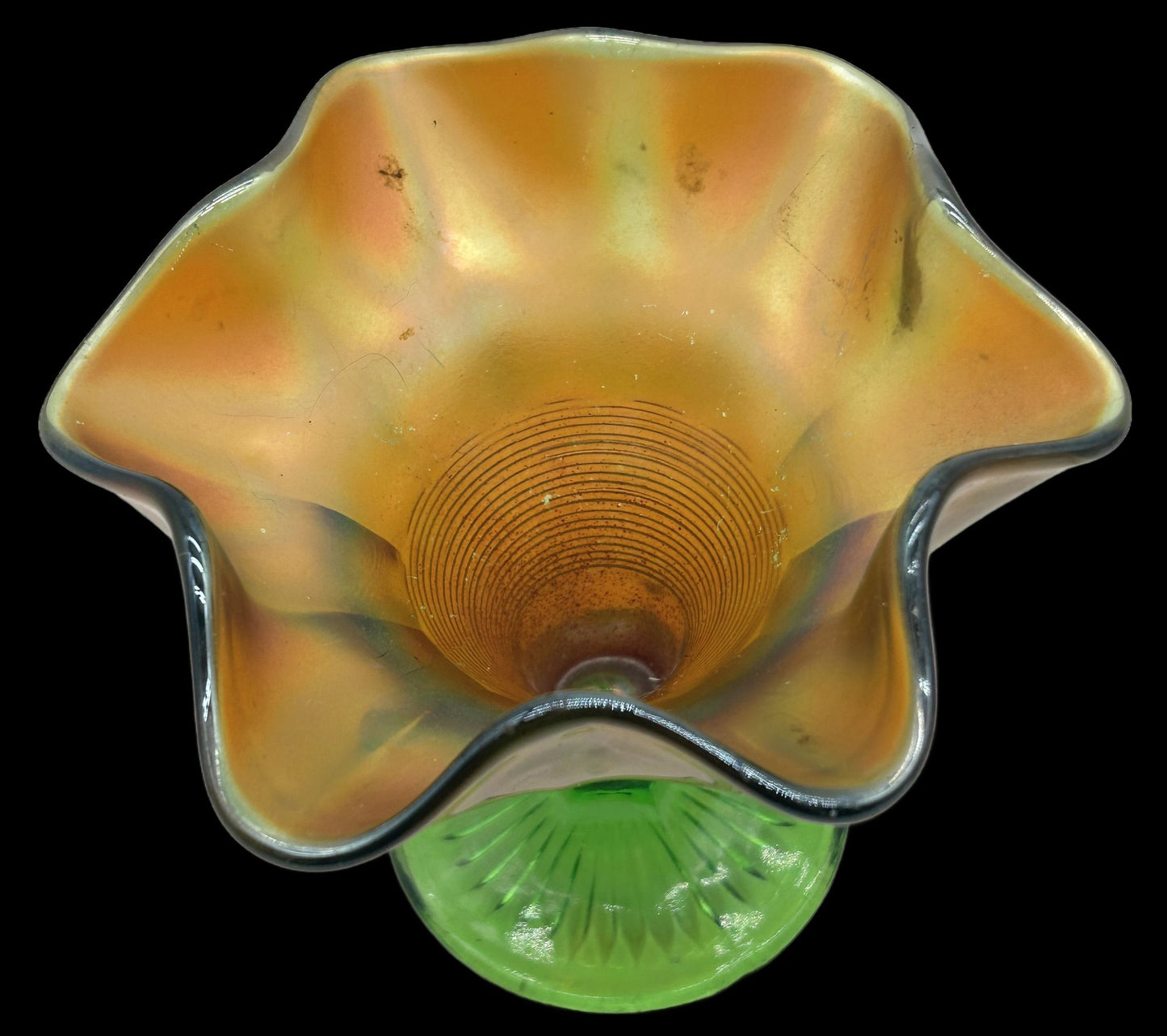 250716-25A Northwood Graceful Green & Marigold Carnival Glass Compote