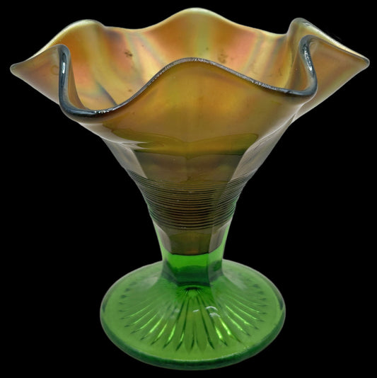 250716-25A Northwood Graceful Green & Marigold Carnival Glass Compote