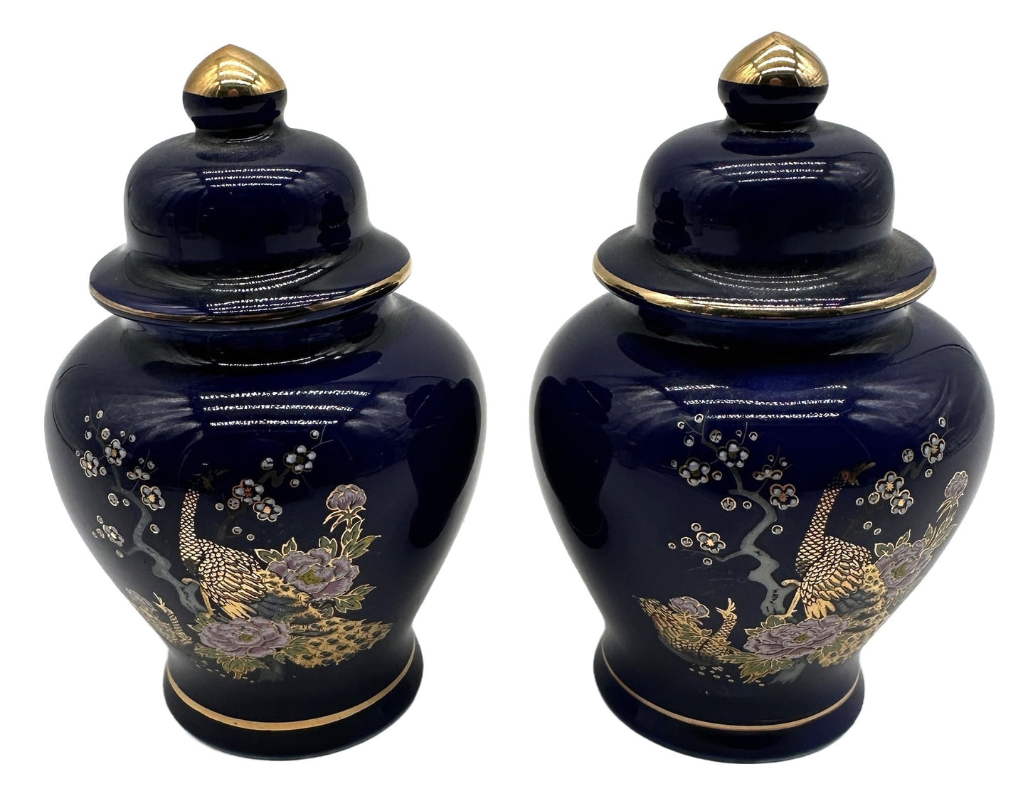 260211-9 Pair of Kutani Cobalt Blue Decorated 4.5"H Covered Jars