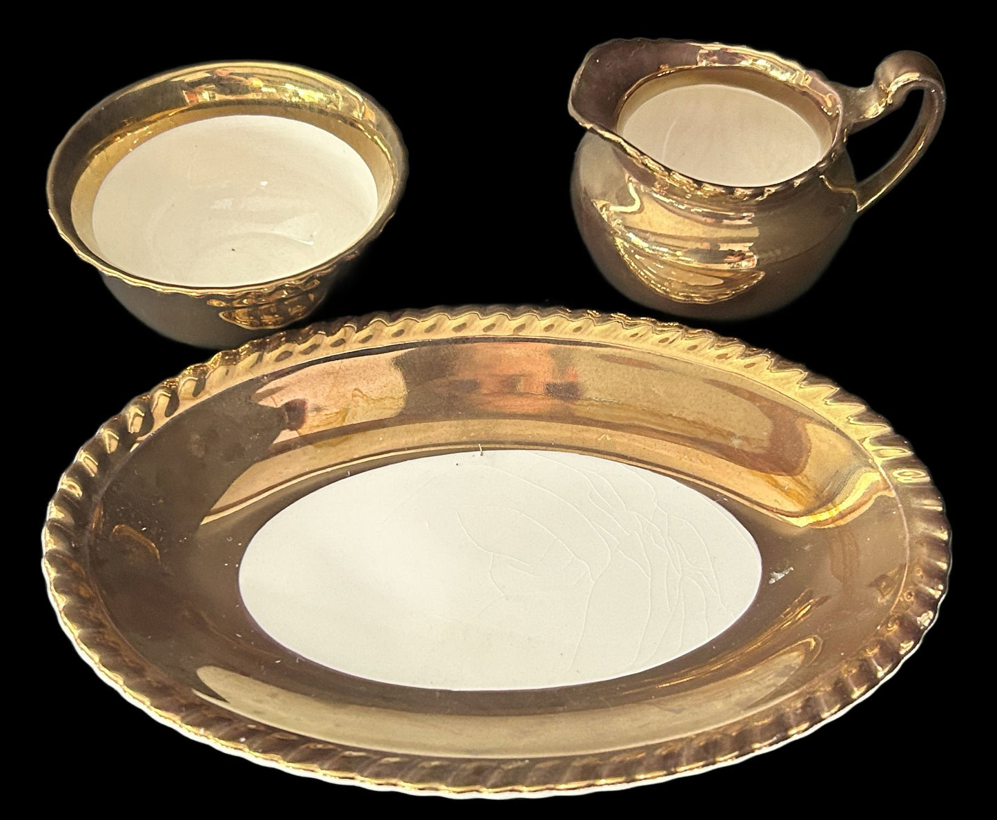 250716-27 3pc Copper Luster Creamer & Sugar With Underplate