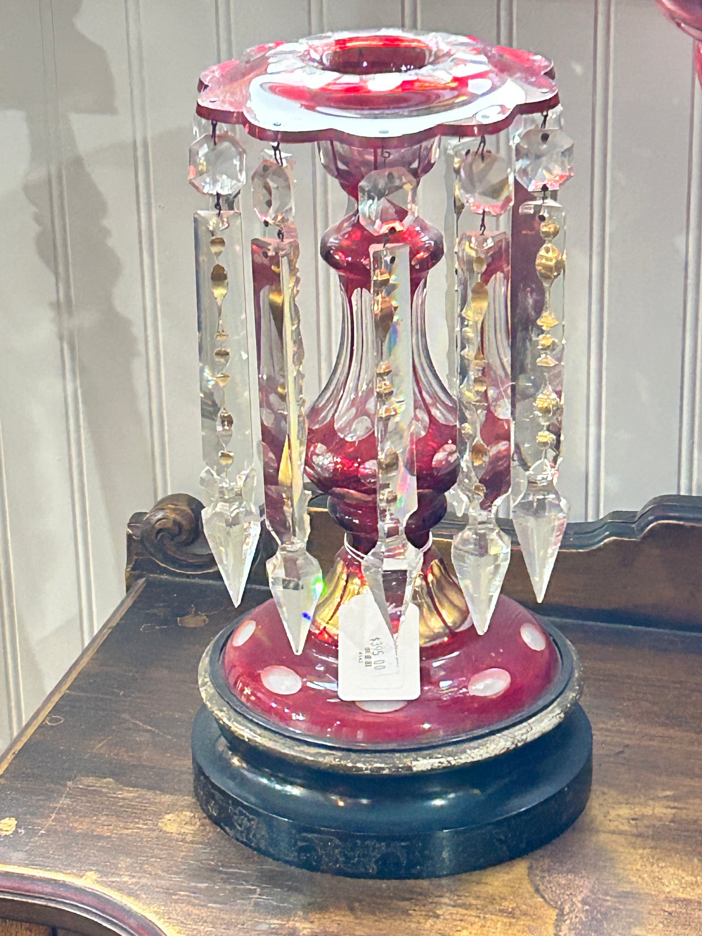 Pair Antique Red Cut to Clear Luster Candlelights