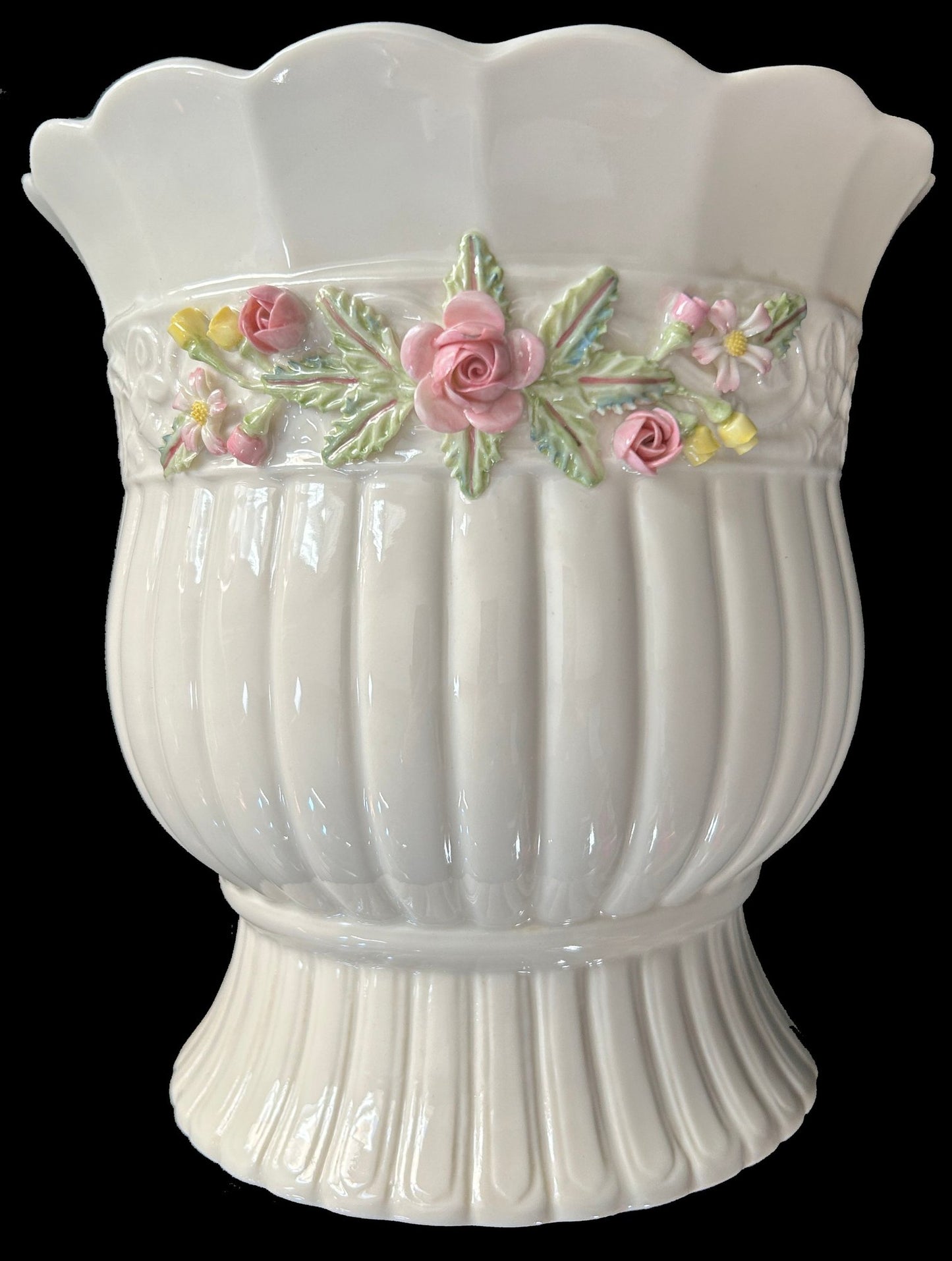 Belleek Cache Pot-Tree Of Life, Footed and Ruffled Rim