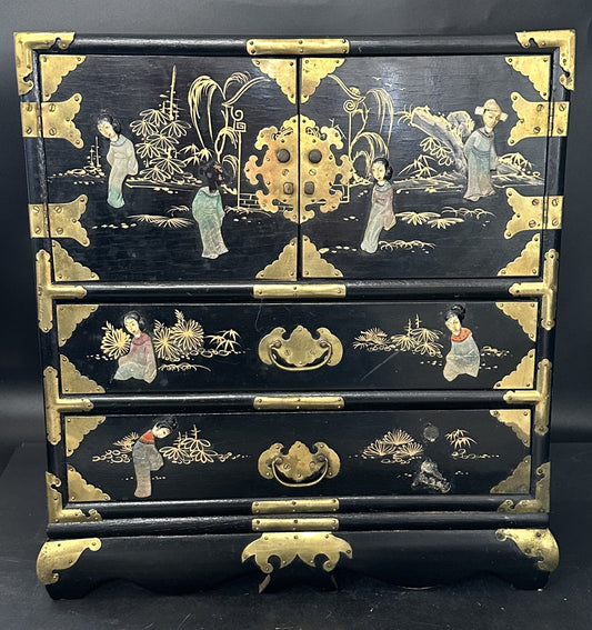 260225-1 Chinoiserie Black Lacquered Jewelry Chest