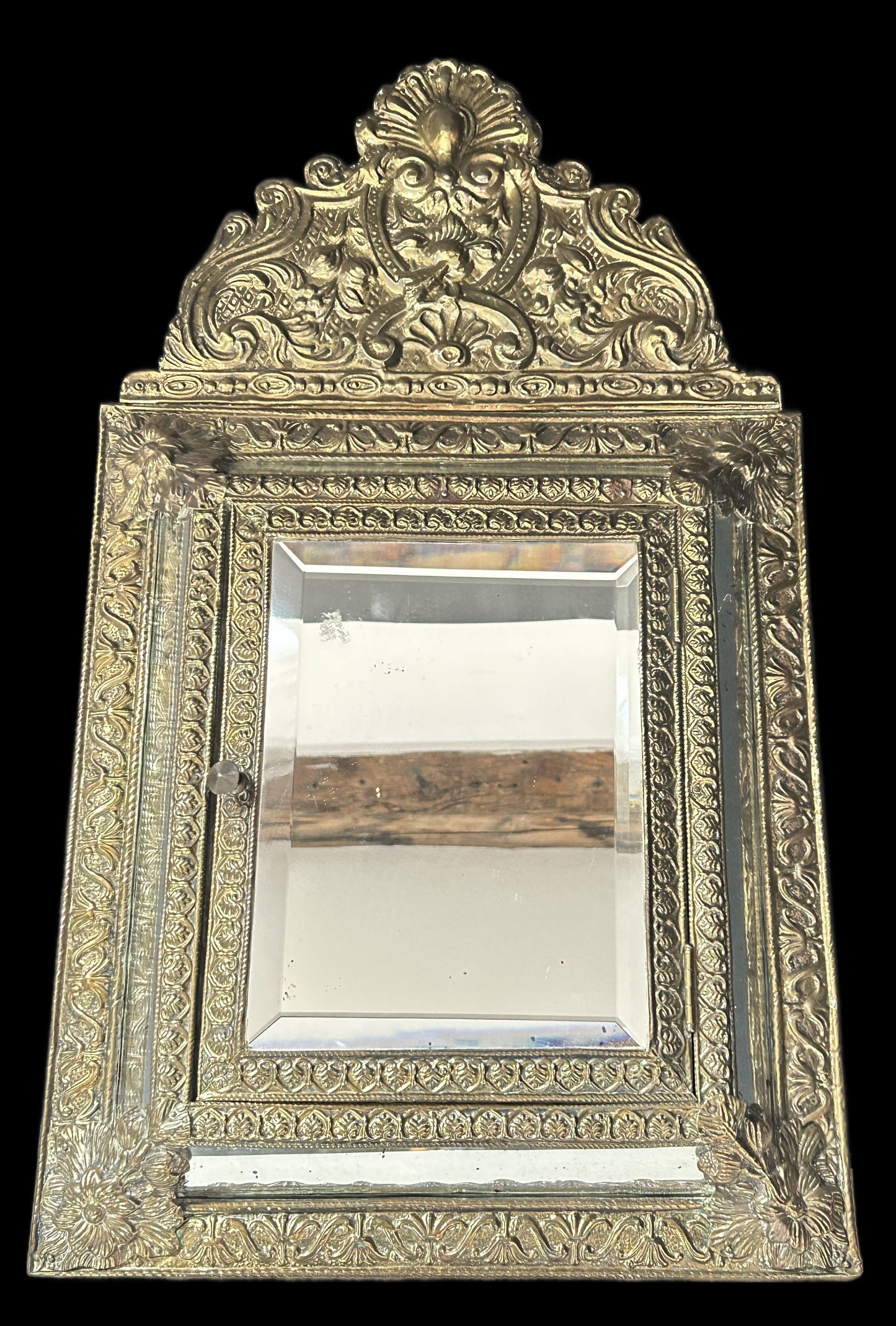 250514-12 Antique Repousse Brass Butlers Brush Cabinet