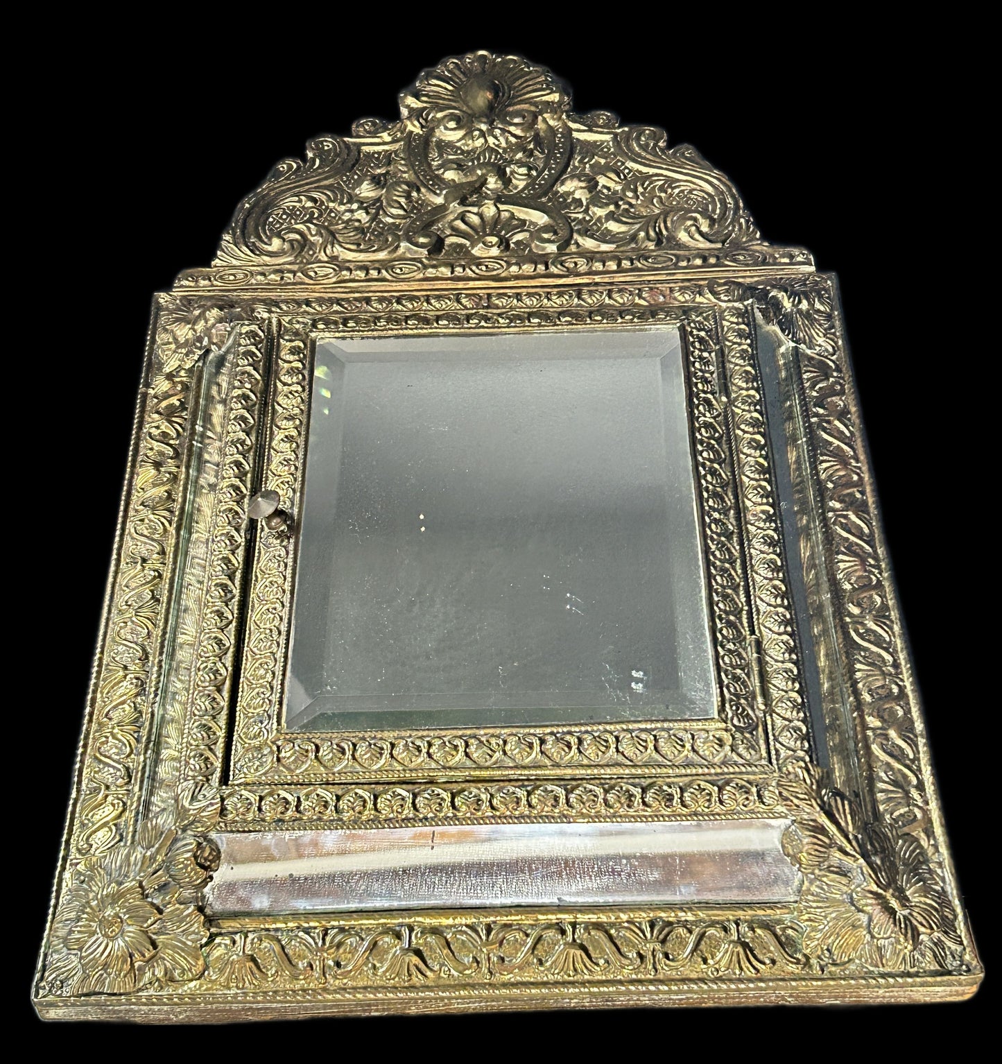 250514-12 Antique Repousse Brass Butlers Brush Cabinet