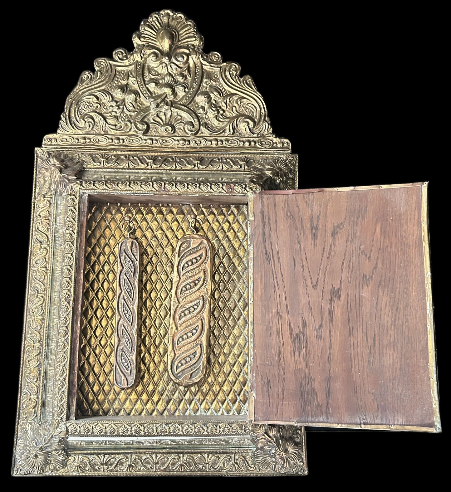 250514-12 Antique Repousse Brass Butlers Brush Cabinet