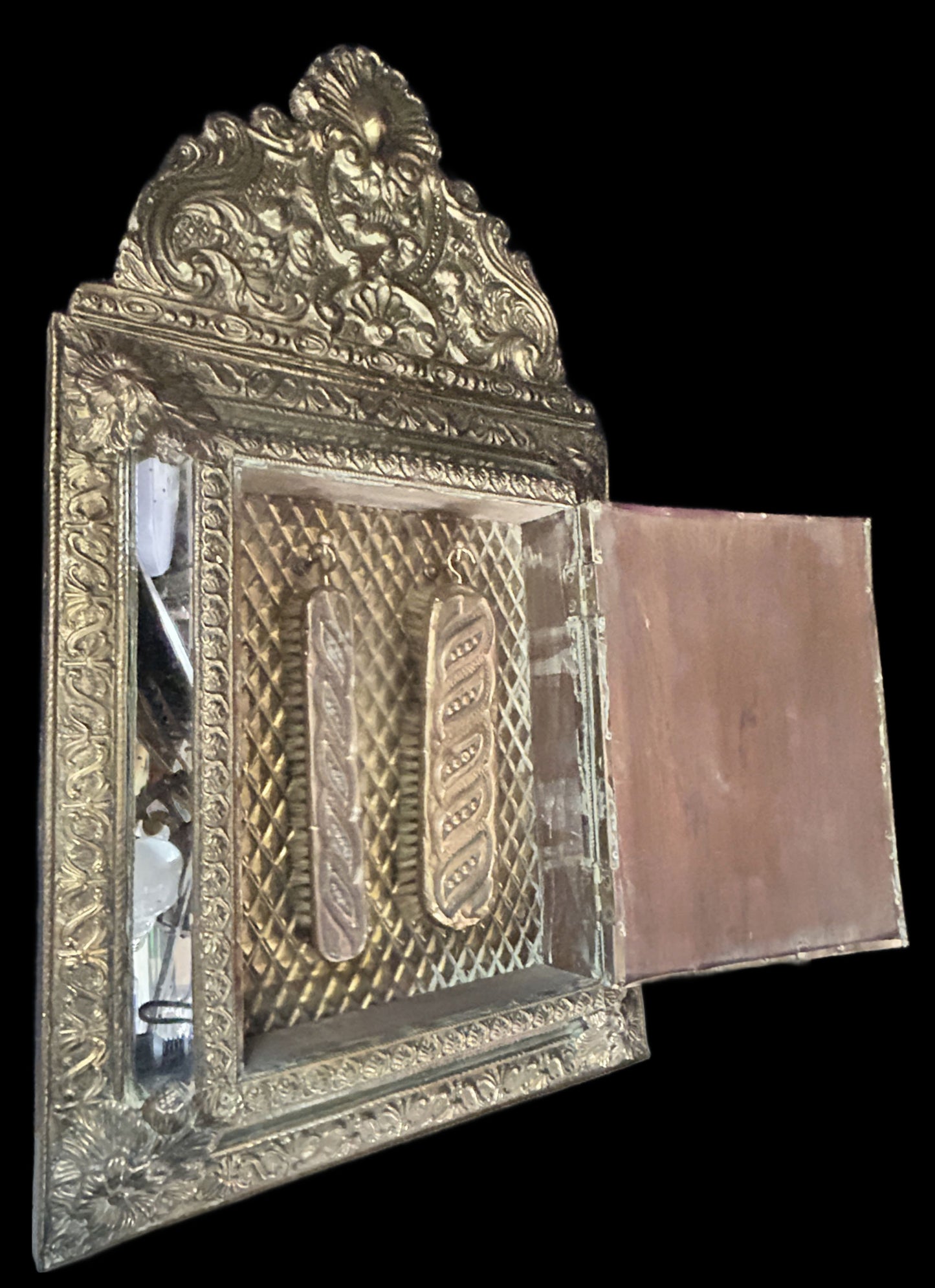 250514-12 Antique Repousse Brass Butlers Brush Cabinet