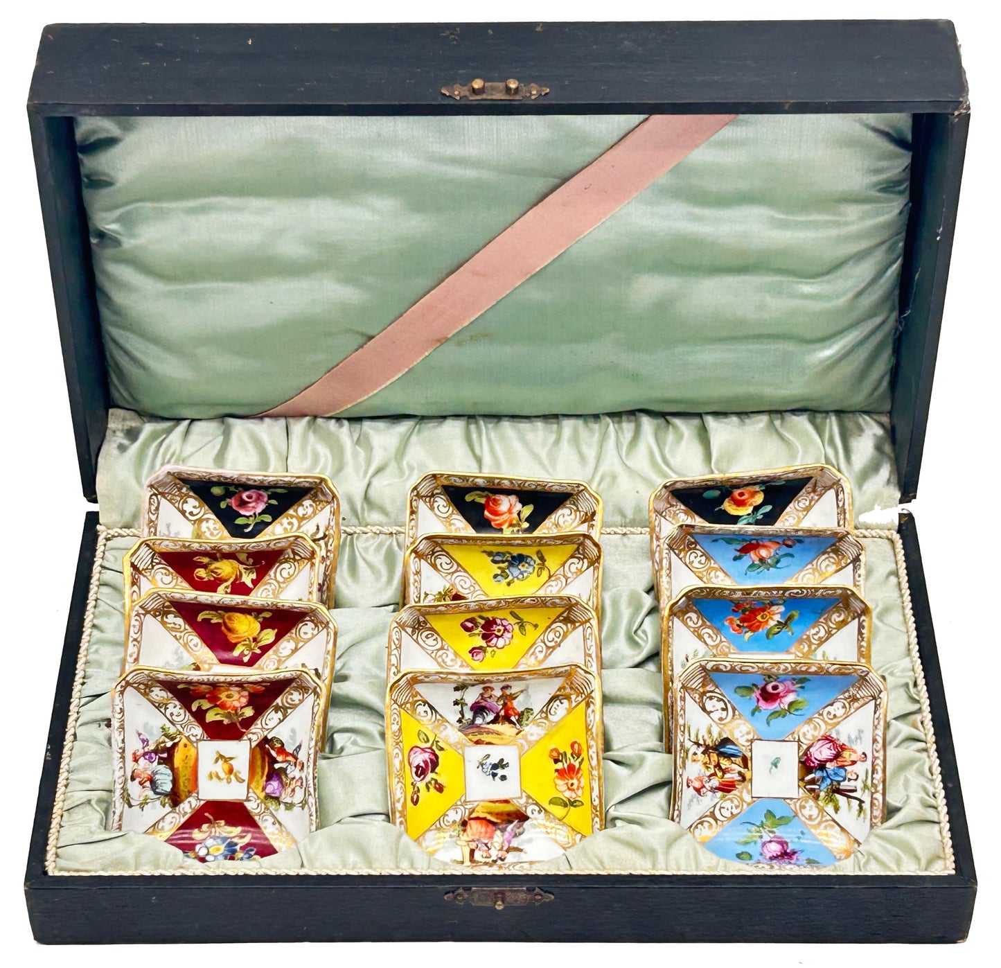 250514-13 Antique Boxed Set of 12 Dresden Quatrefoil Plates