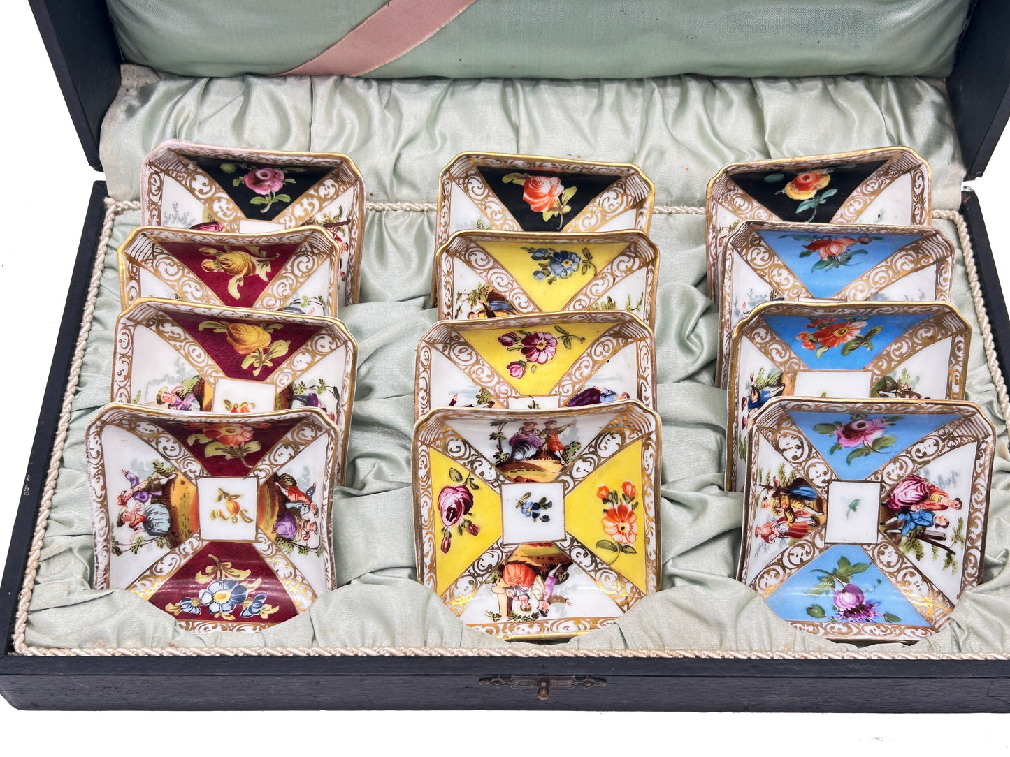 250514-13 Antique Boxed Set of 12 Dresden Quatrefoil Plates