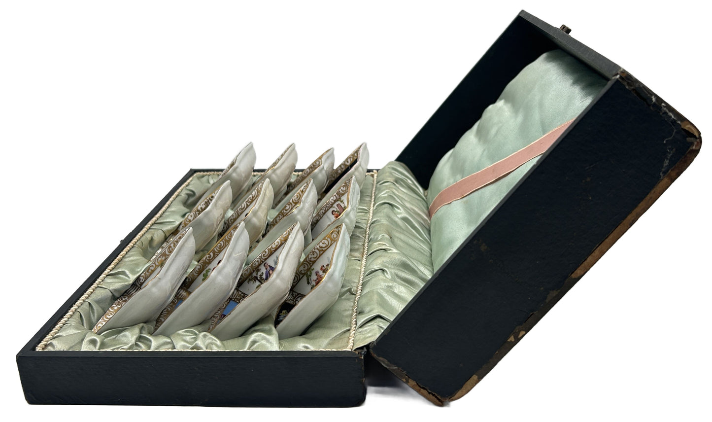 250514-13 Antique Boxed Set of 12 Dresden Quatrefoil Plates