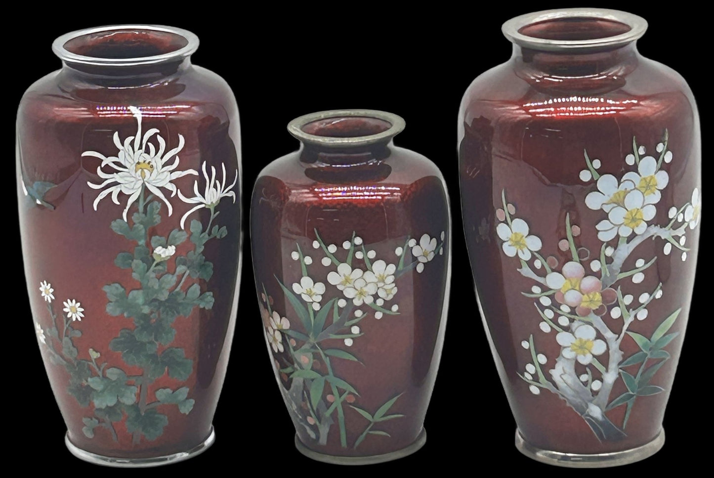 250806-5A Pair Japanese Pigeon Blood Cloisonne Vase