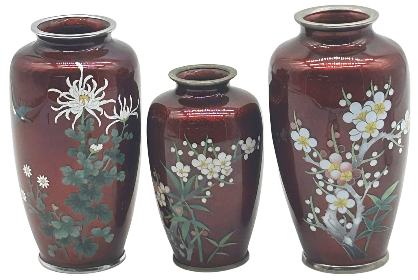 250806-5A Pair Japanese Pigeon Blood Cloisonne Vase