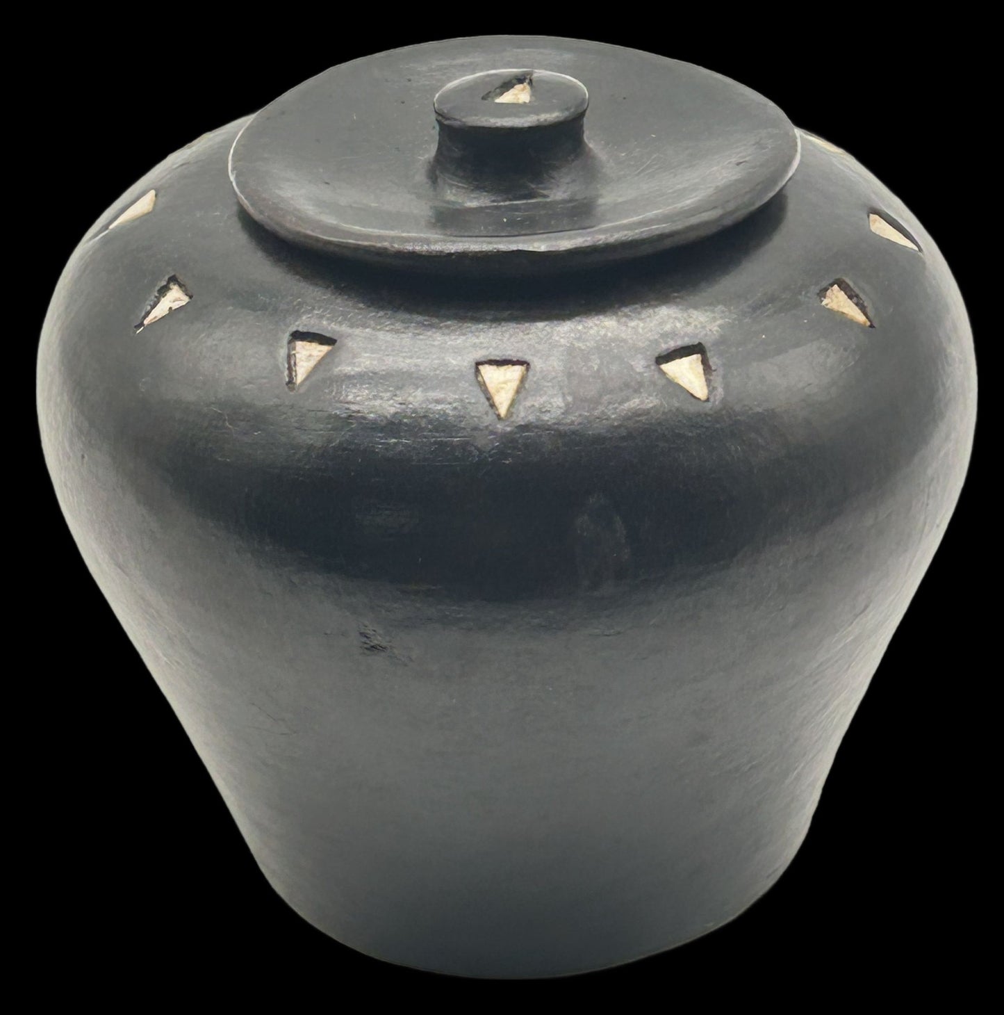 260211-14 Black Clay Lidded Jar With Inlaid Triangular Bone Pieces