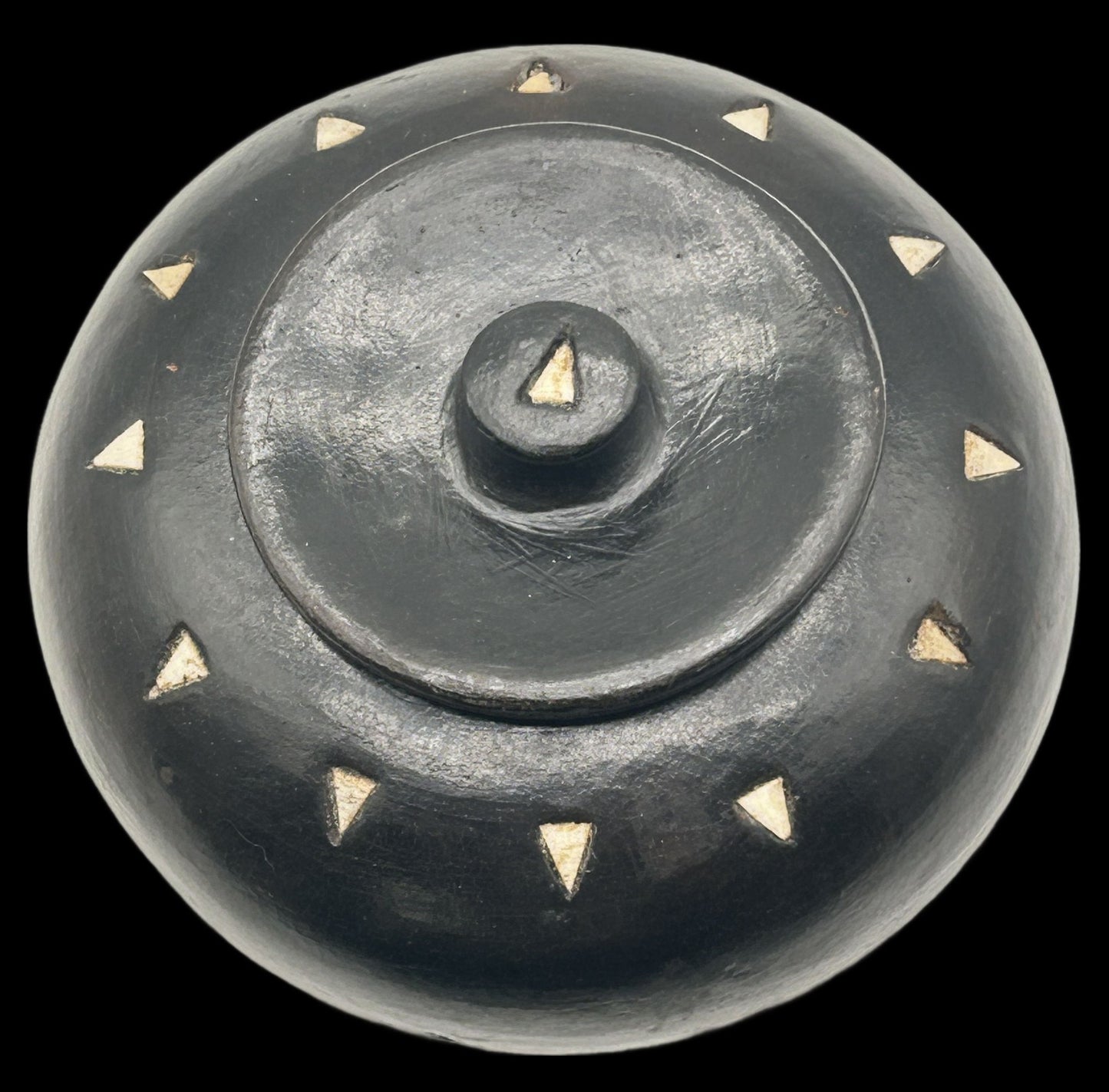 260211-14 Black Clay Lidded Jar With Inlaid Triangular Bone Pieces