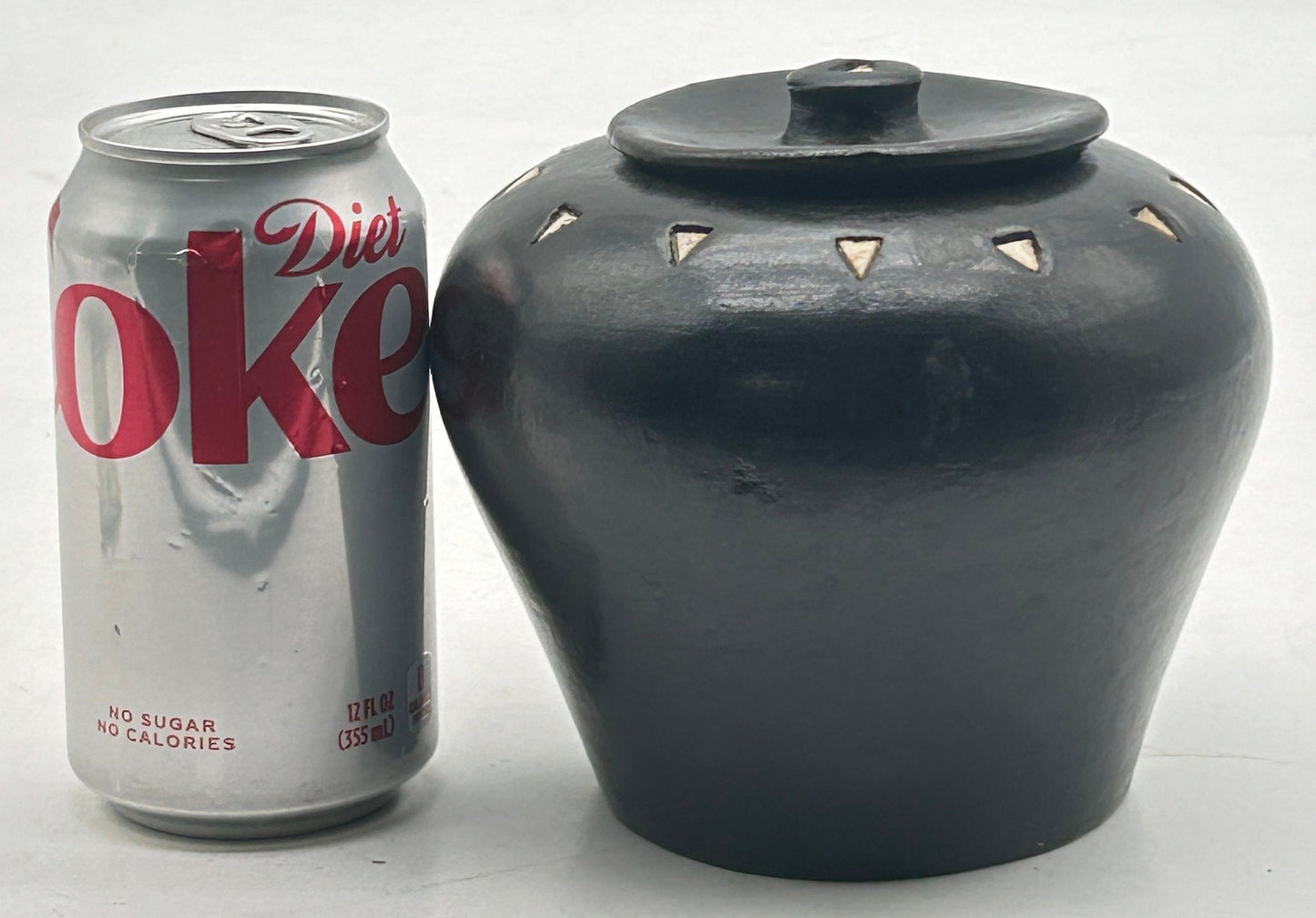 260211-14 Black Clay Lidded Jar With Inlaid Triangular Bone Pieces
