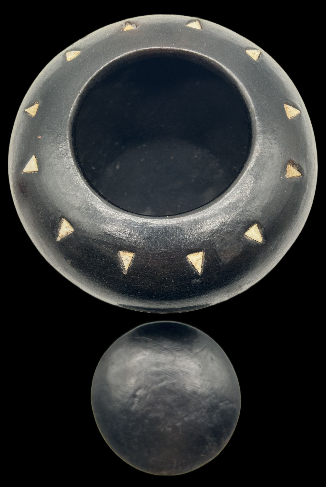 260211-14 Black Clay Lidded Jar With Inlaid Triangular Bone Pieces