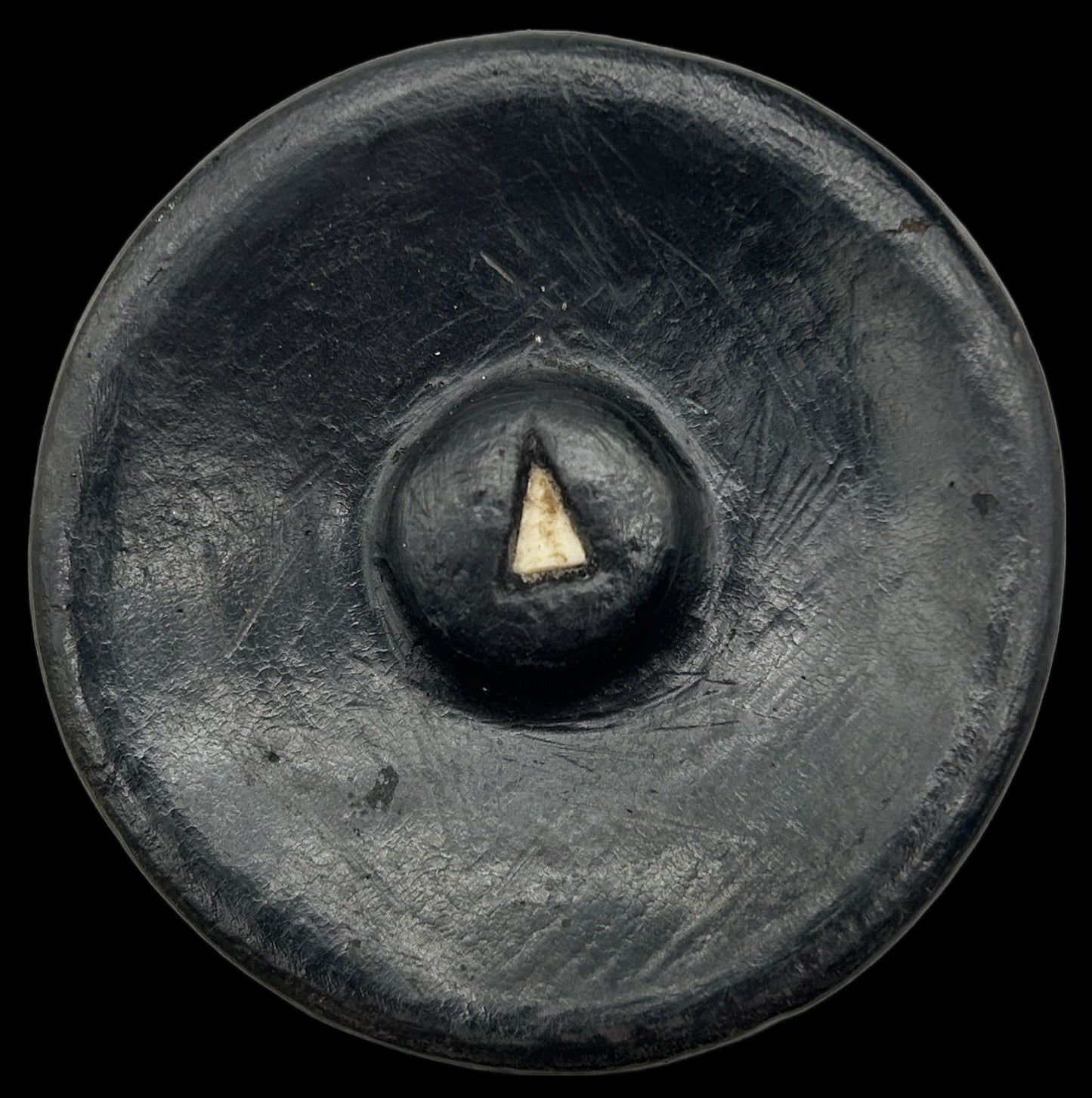 260211-14 Black Clay Lidded Jar With Inlaid Triangular Bone Pieces