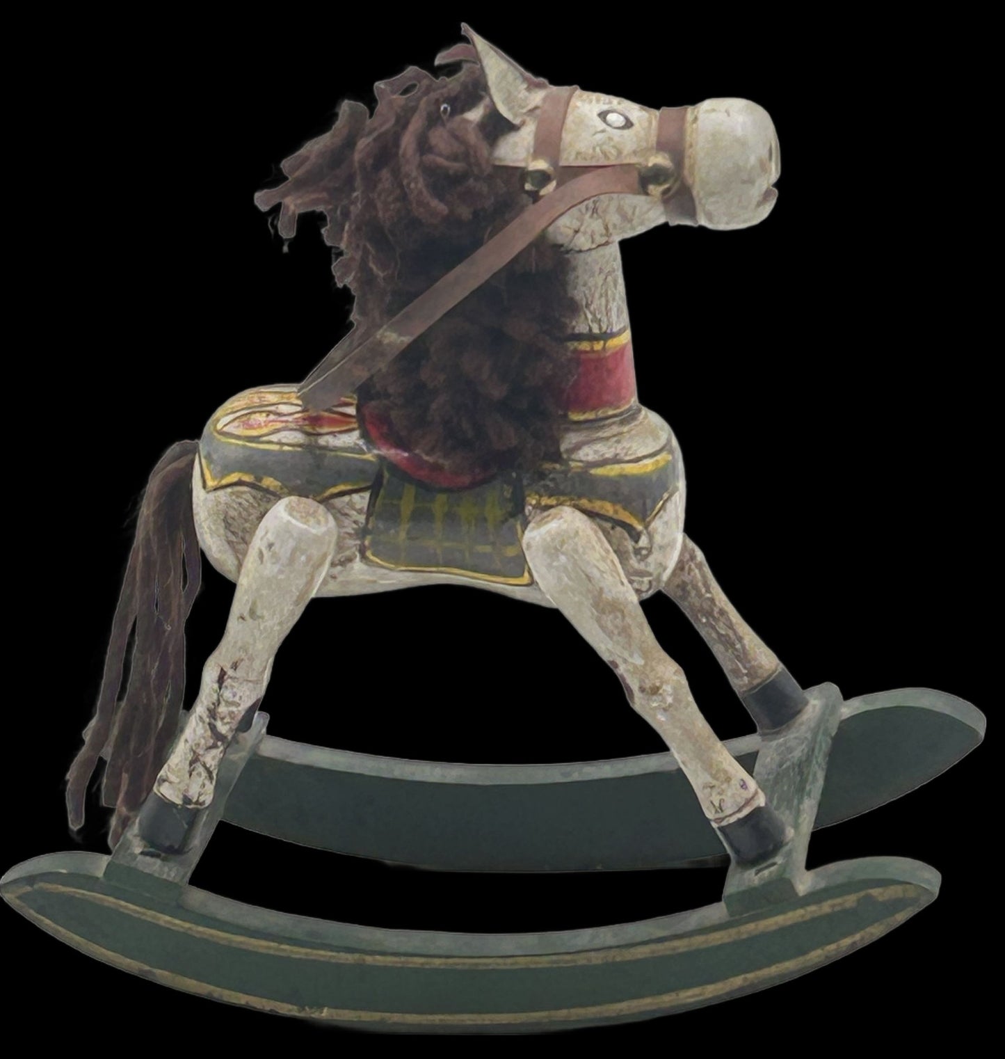 260211-16 Folk Art Hand-Carved & Painted Wooden Rocking Horse