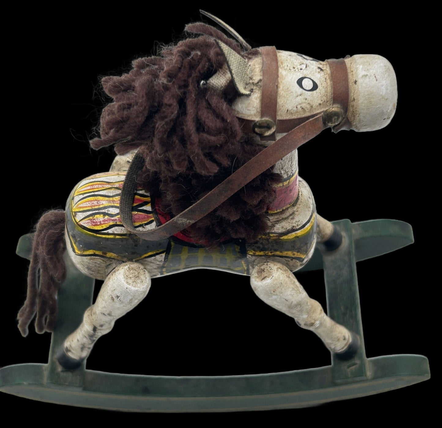 260211-16 Folk Art Hand-Carved & Painted Wooden Rocking Horse