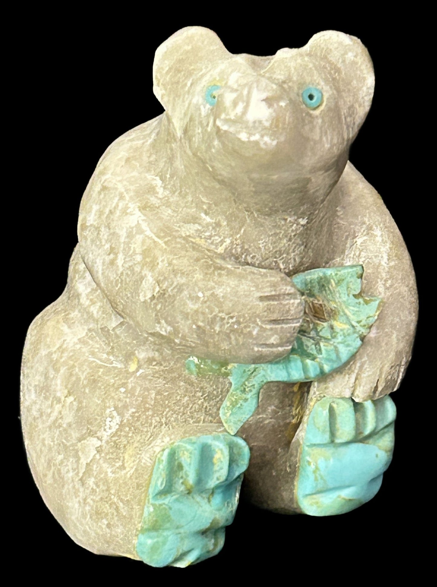 260610-3 Zuni Carved Stone Bear With Turquoise Accents