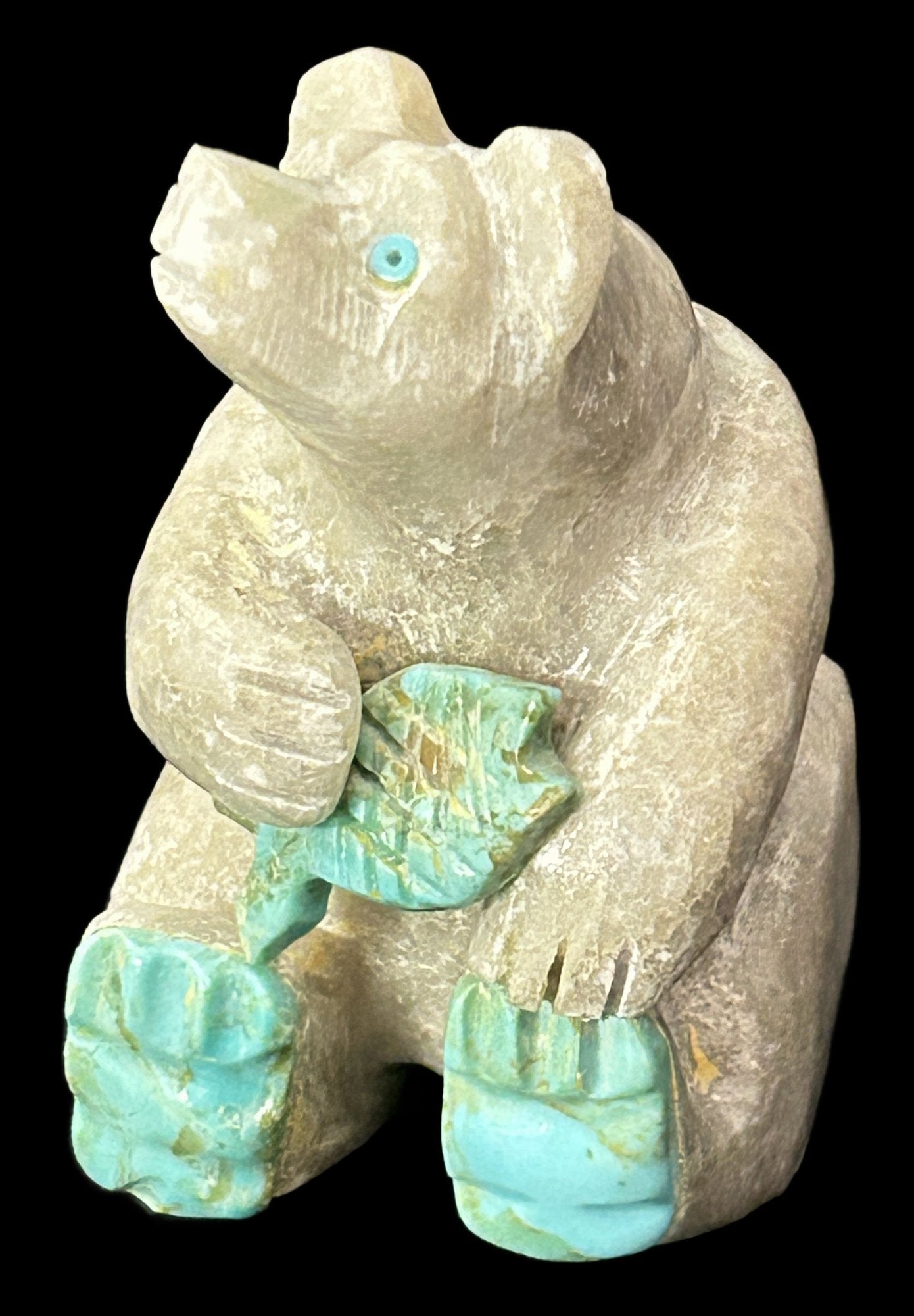 260610-3 Zuni Carved Stone Bear With Turquoise Accents
