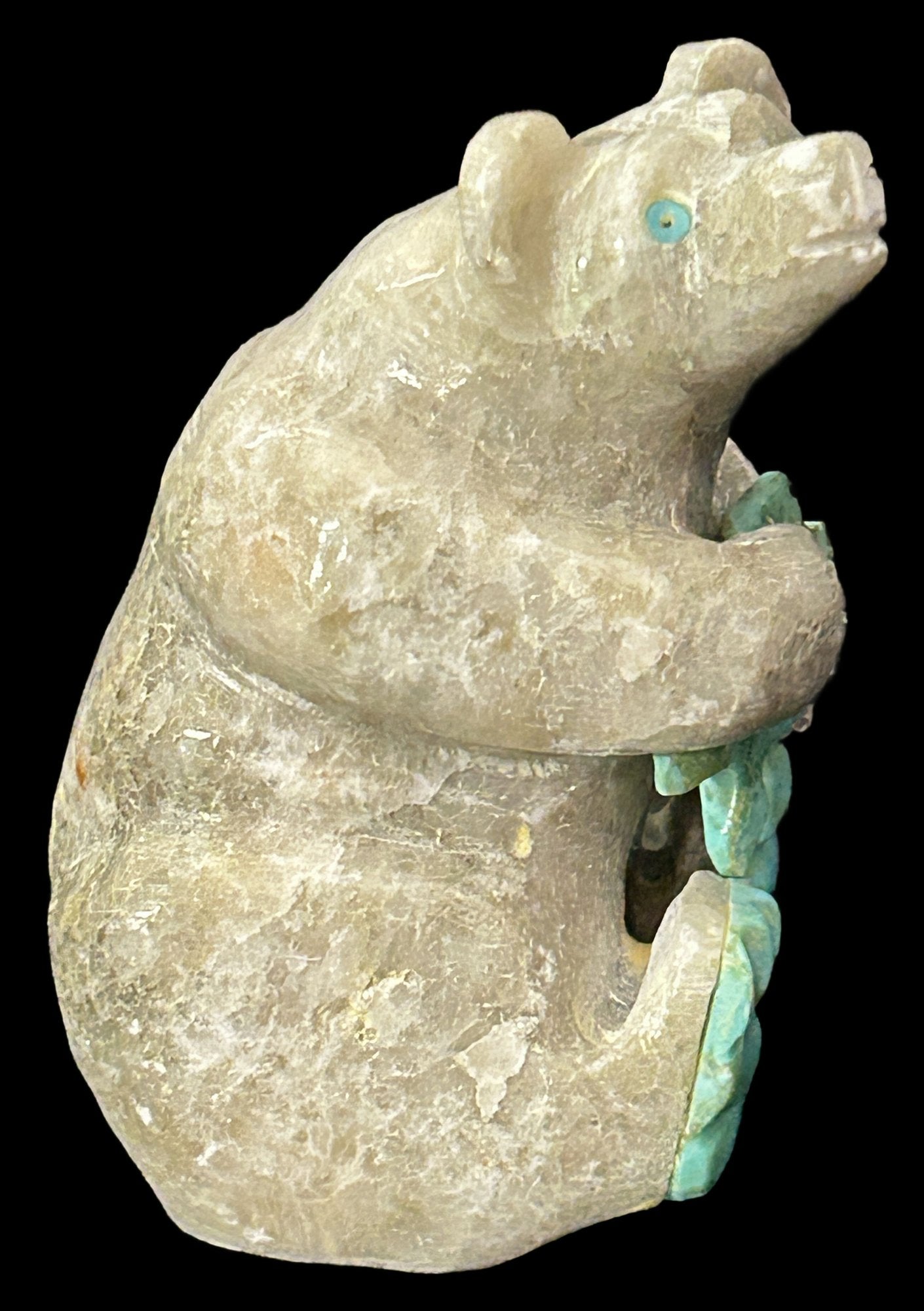 260610-3 Zuni Carved Stone Bear With Turquoise Accents