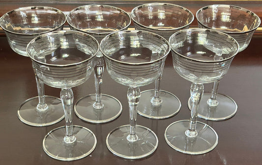 250814-9 7pcs Art Deco Platinum Ringed Champagne Coupes