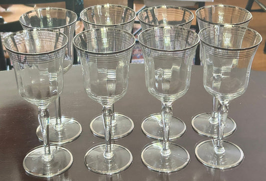250814-10 Art Deco Platinum Ringed Stemmed Wine Glasses