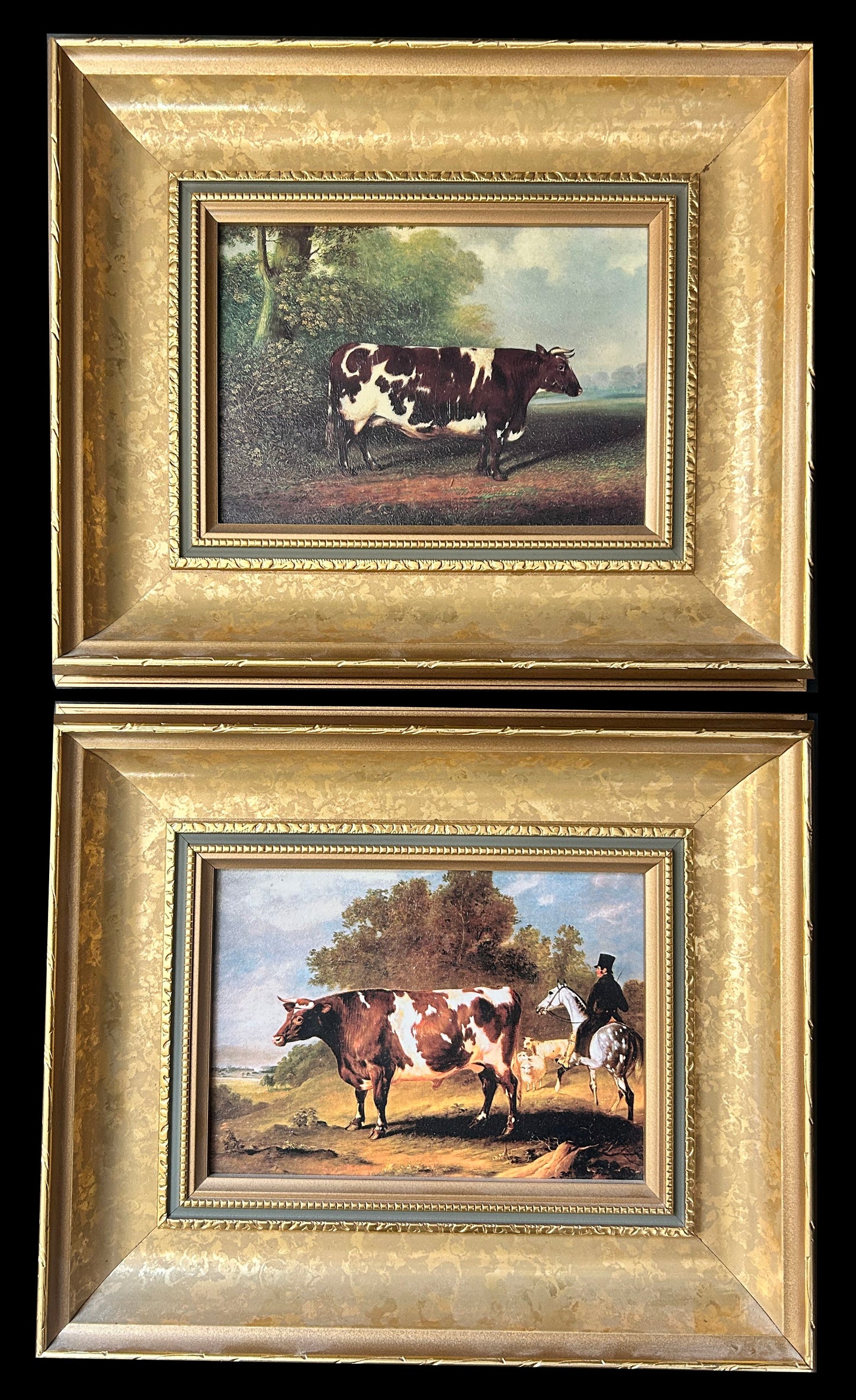 250514-25 Antique Pair Framed Oil Paints of Cow & Ox