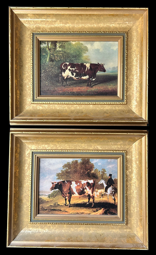 250514-25 Antique Pair Framed Oil Paints of Cow & Ox
