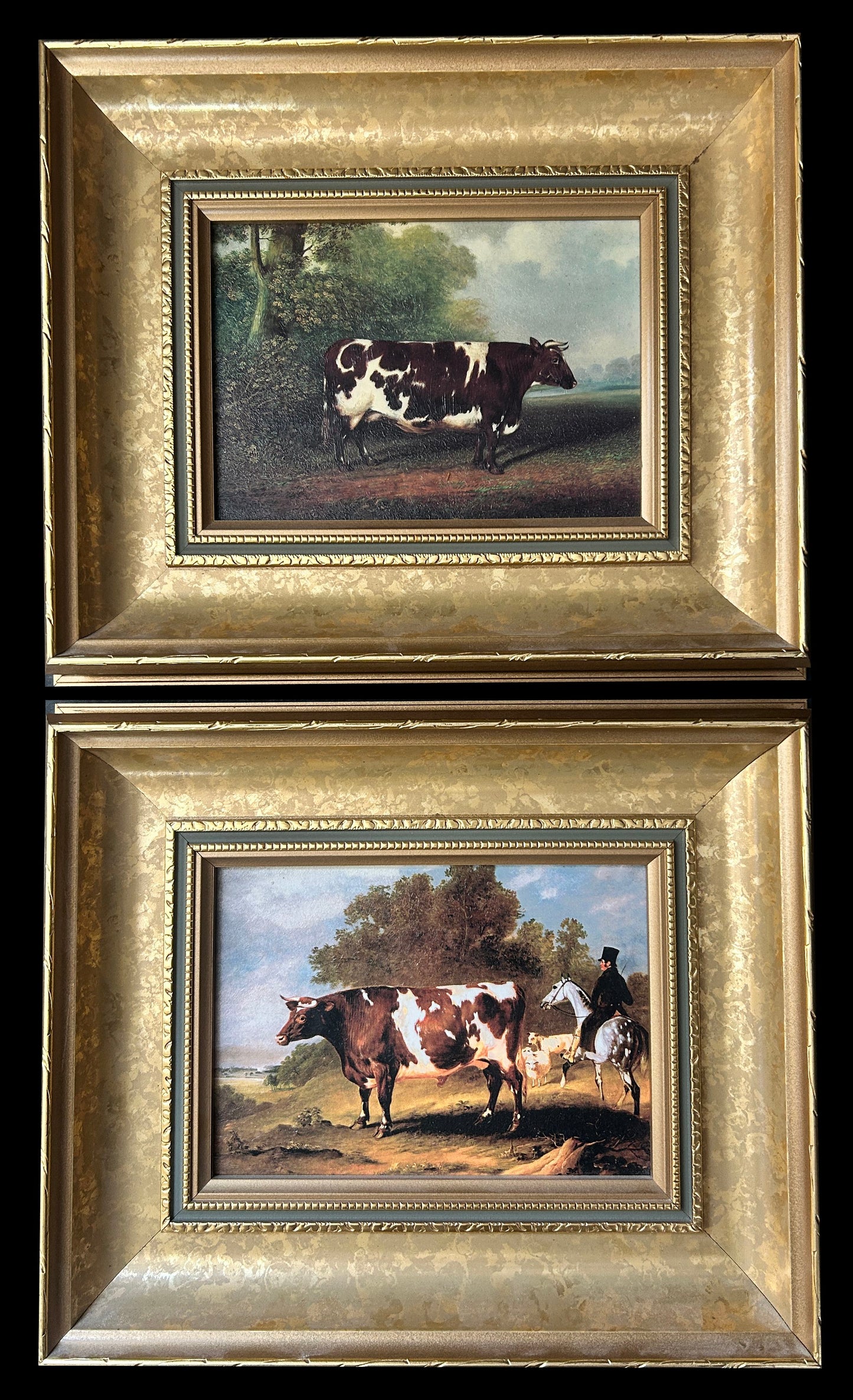 250514-25 Antique Pair Framed Oil Paints of Cow & Ox