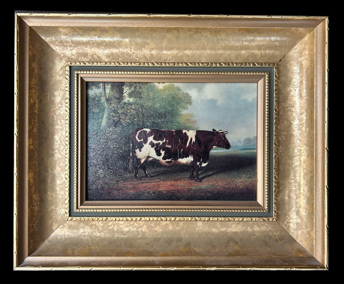 250514-25 Antique Pair Framed Oil Paints of Cow & Ox